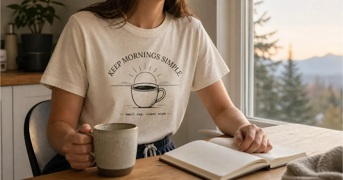 Person wearing a cream Keep Mornings Simple T-shirt with coffee and an open notebook by a morning window.
