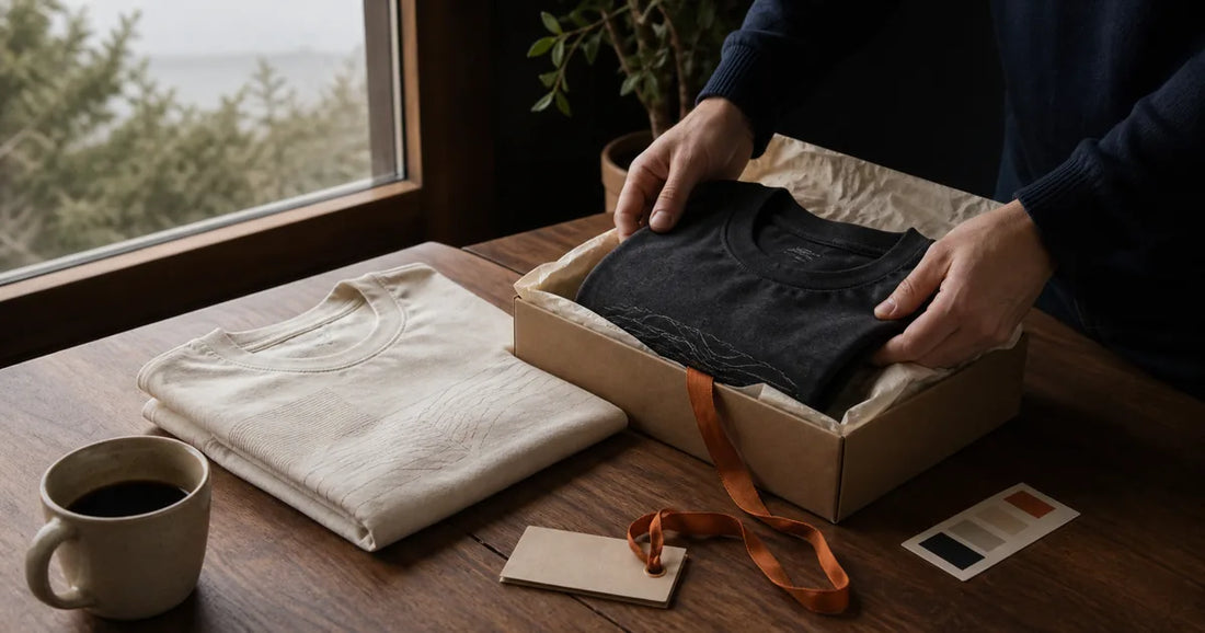Two folded neutral graphic T-shirts beside a kraft gift box and handwritten tag on a wooden table.