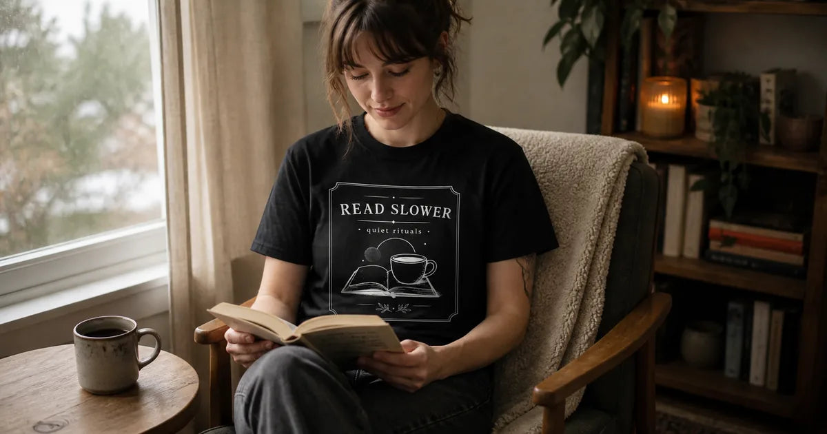 Reader wearing a black “Read Slower” graphic T-shirt beside a window with an open book and coffee.