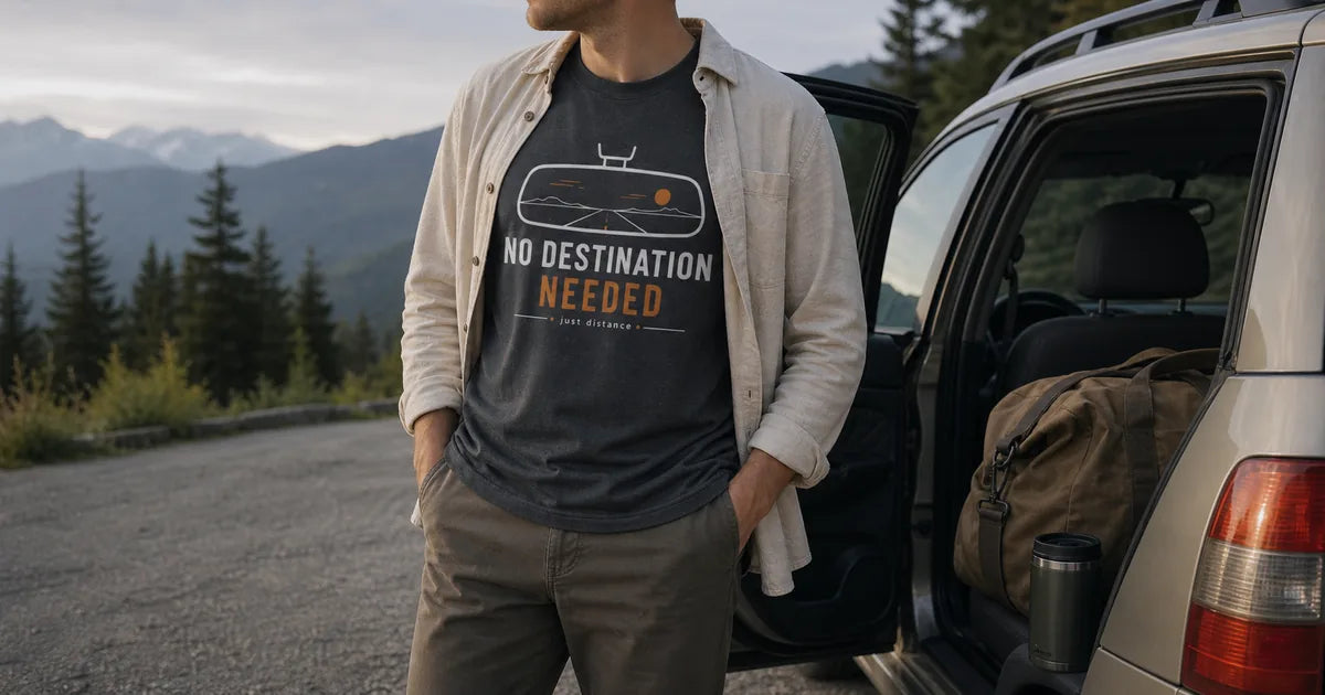 Traveler wearing a road-themed graphic T-shirt beside a packed vehicle at a quiet mountain roadside stop.
