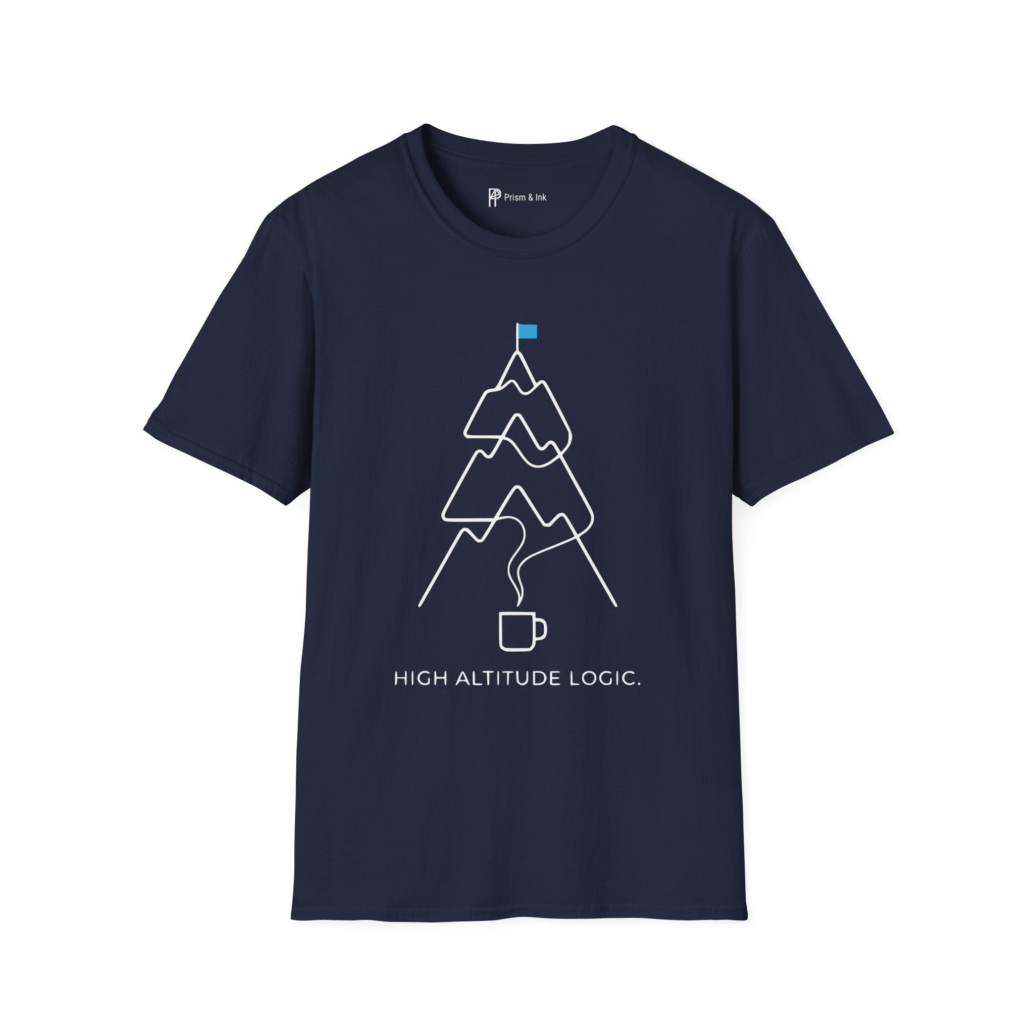 High Altitude Logic T-Shirt — Minimalist Coffee Steam & Mountain Peak Graphic
