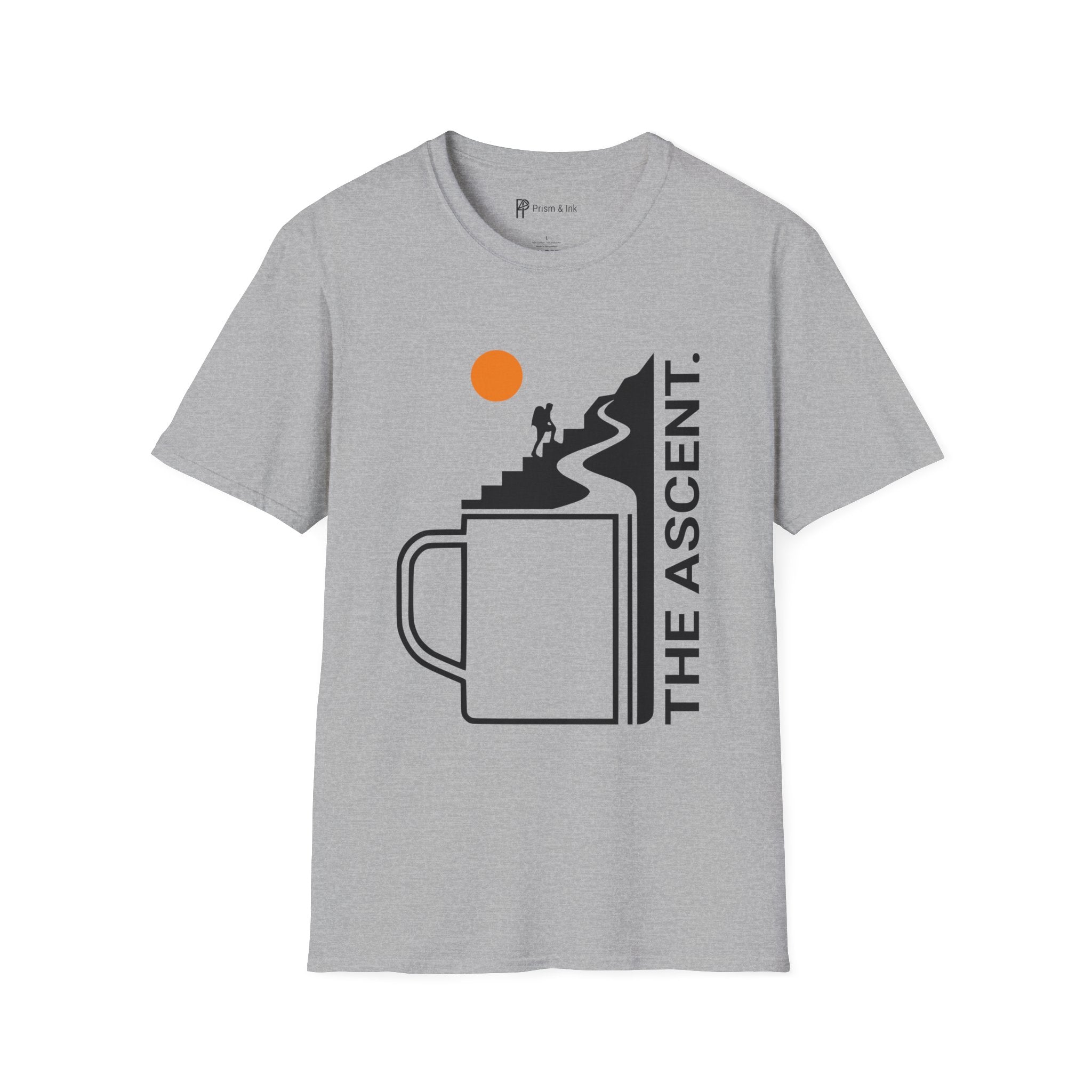 The Ascent T-Shirt — Coffee Cup Mountain Stairs and Hiker