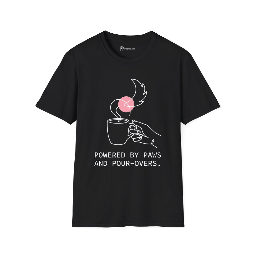 Powered by Paws T-Shirt — Minimalist Pet Lover & Coffee Pour-Over Graphic