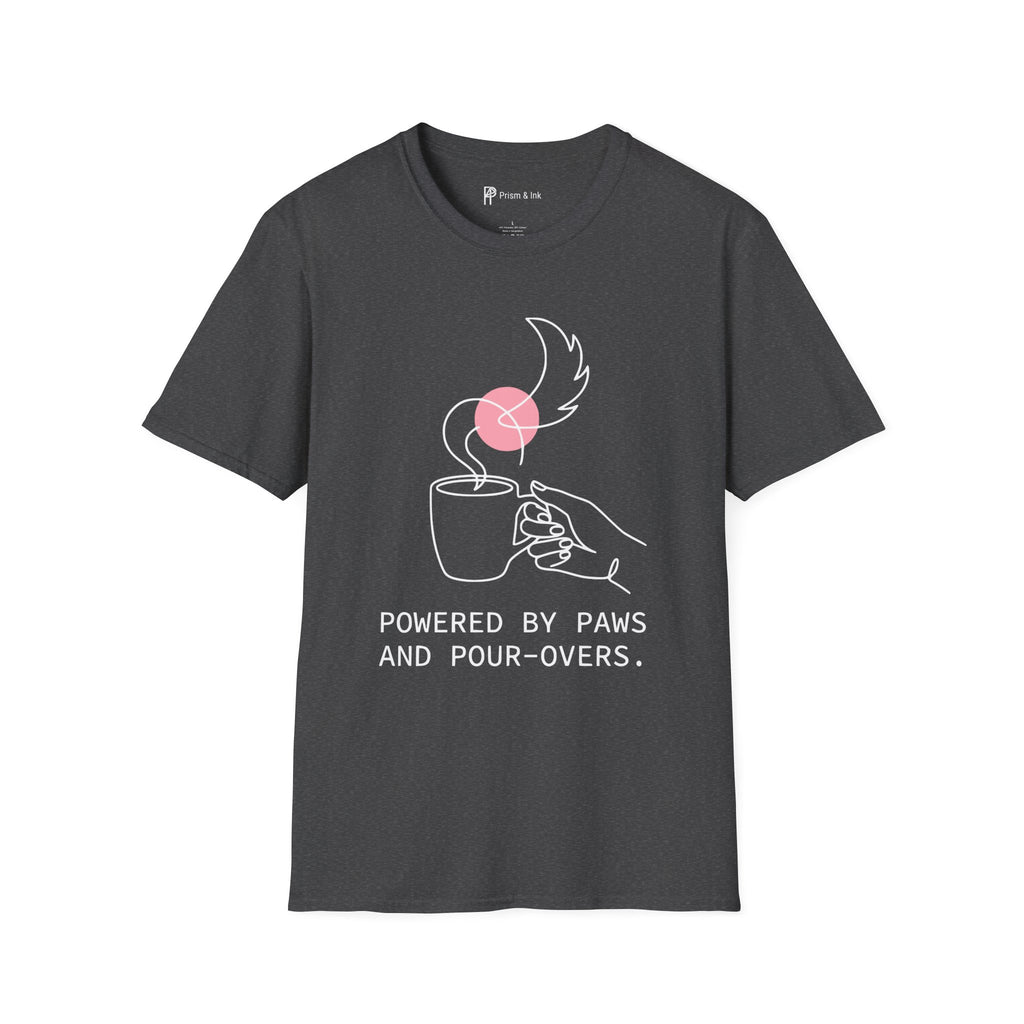 Powered by Paws T-Shirt — Minimalist Pet Lover & Coffee Pour-Over Graphic