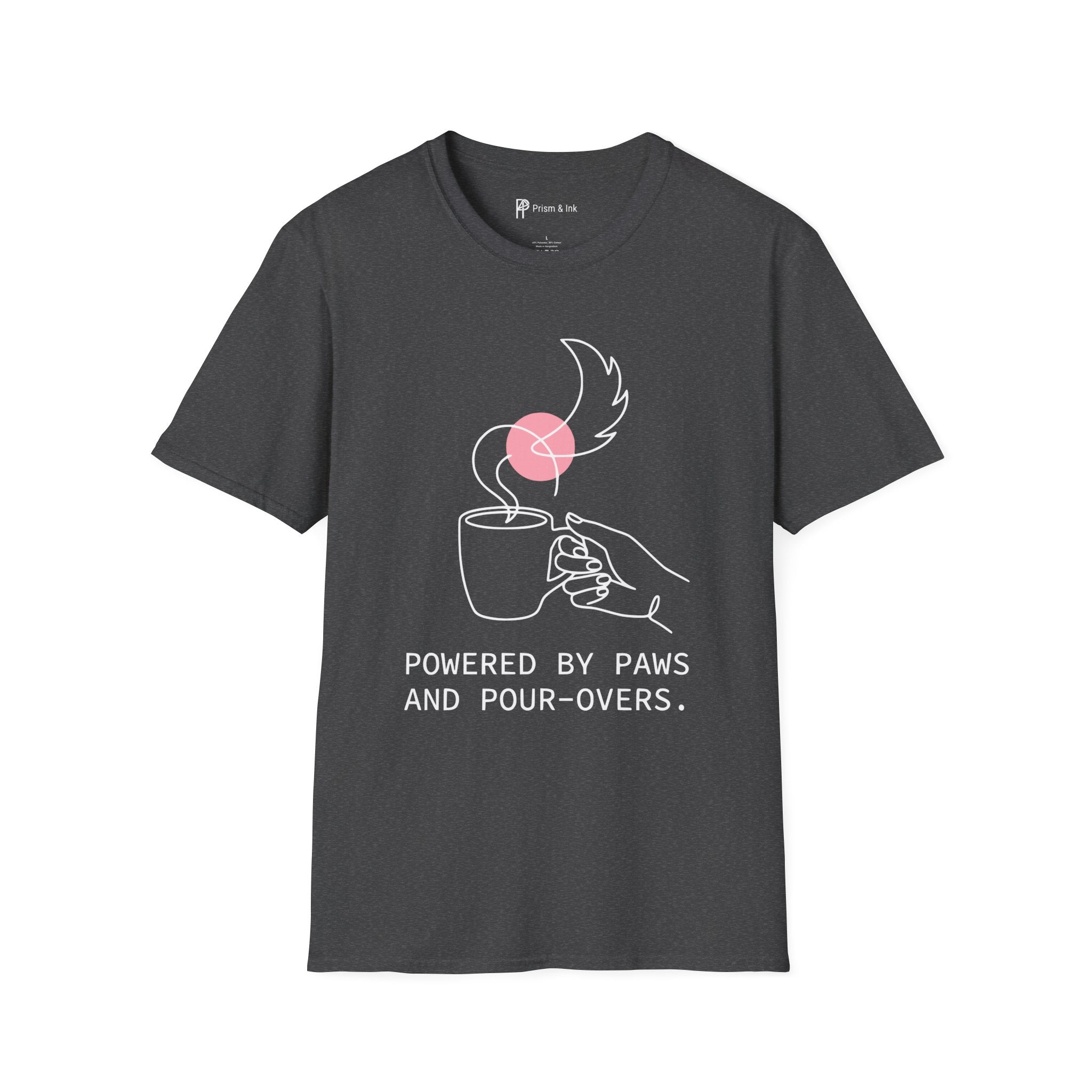 Powered by Paws T-Shirt — Minimalist Pet Lover & Coffee Pour-Over Graphic