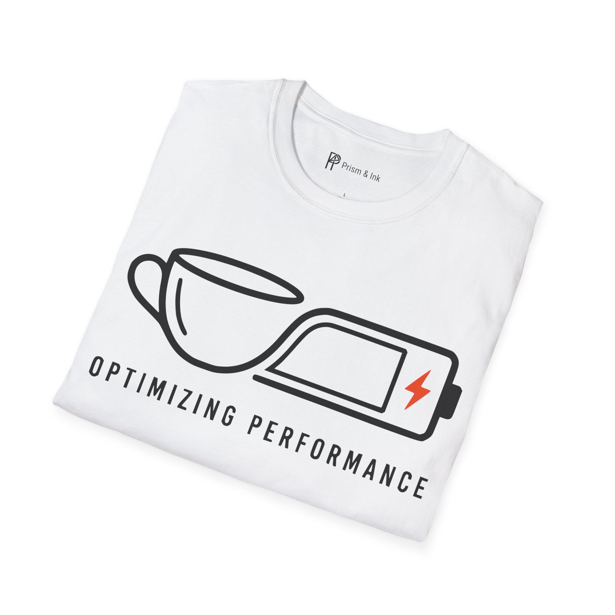 Optimizing Performance T-Shirt — Minimalist Coffee Cup & Battery Charge Graphic