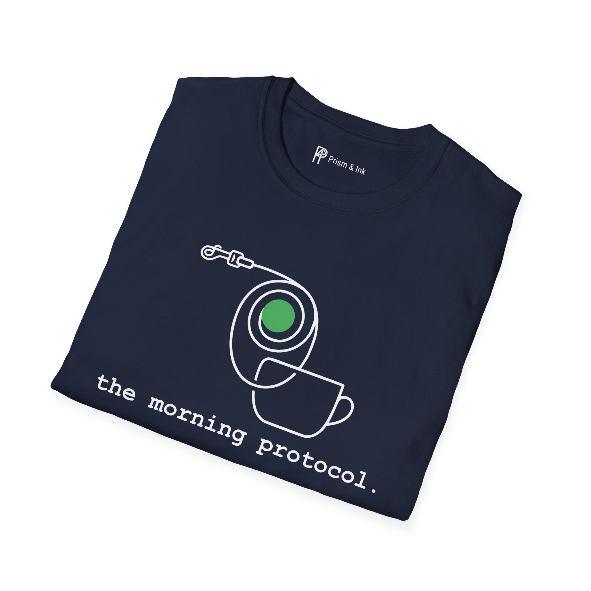 Morning Protocol T-Shirt — Minimalist Dog Leash & Coffee Cup Graphic