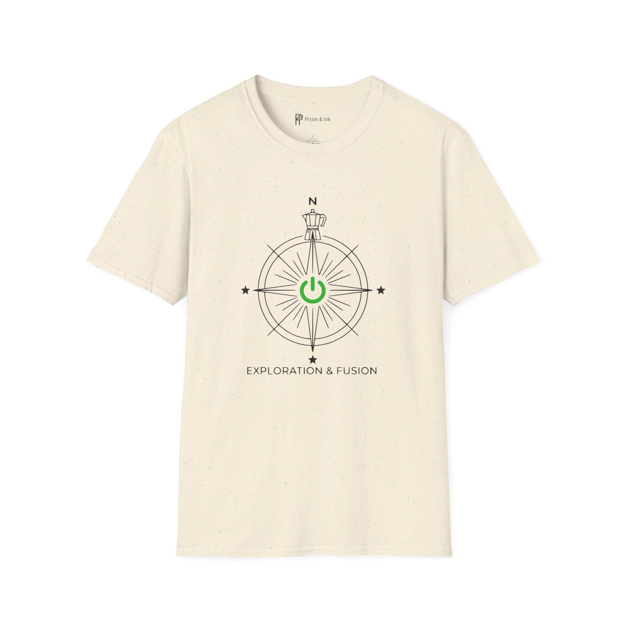 Exploration & Fusion T-Shirt — Minimalist Coffee Compass & Moka Pot Art