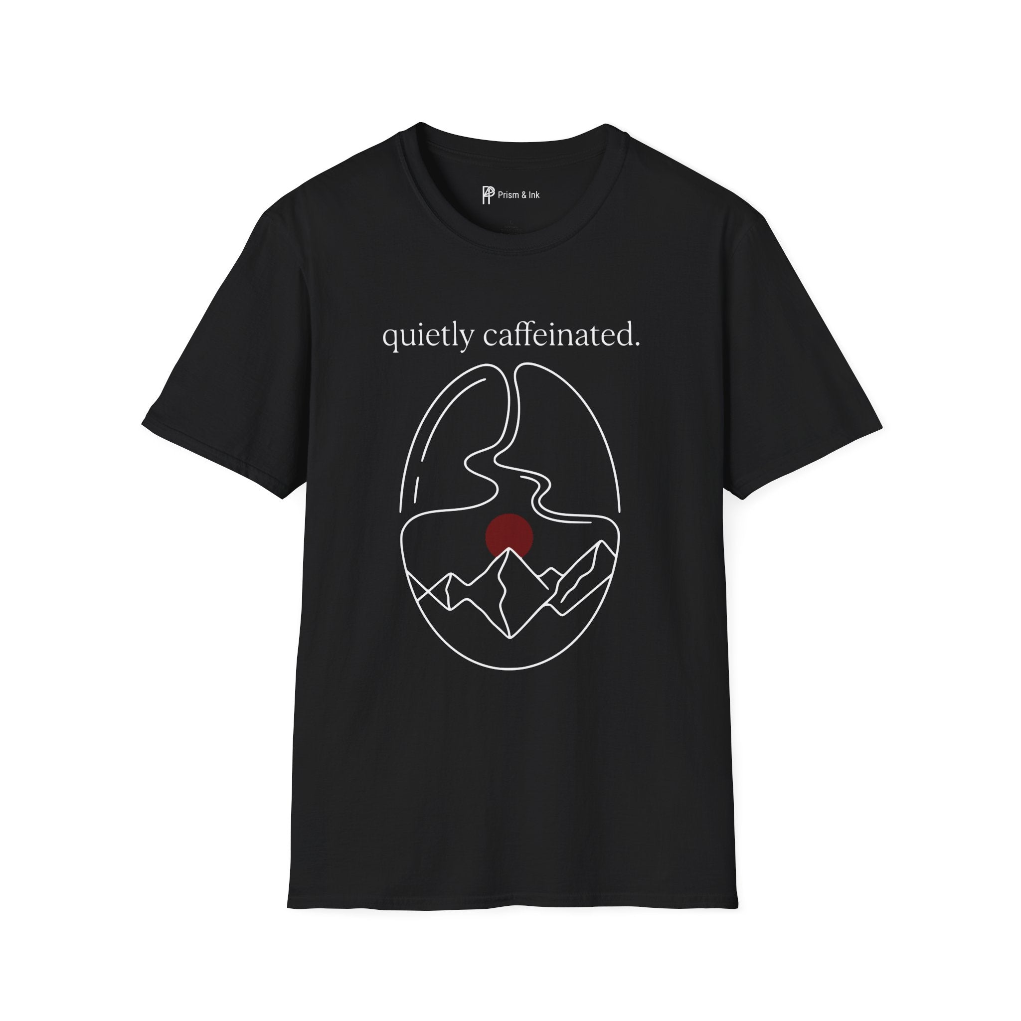 Quietly Caffeinated T-Shirt — Coffee Bean and Mountain Peak Graph
