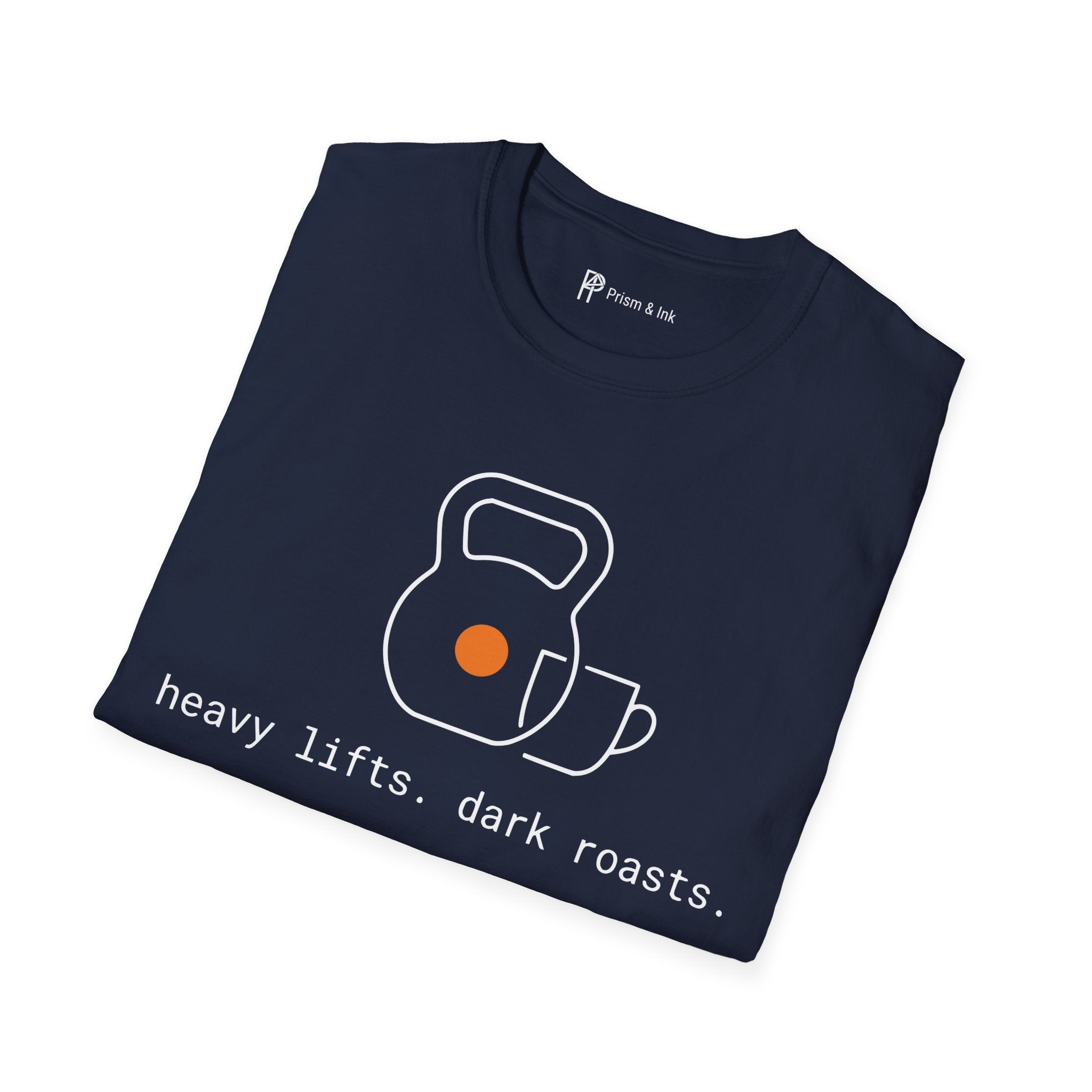Heavy Lifts & Dark Roasts T-Shirt — Minimalist Kettlebell & Coffee Line Art