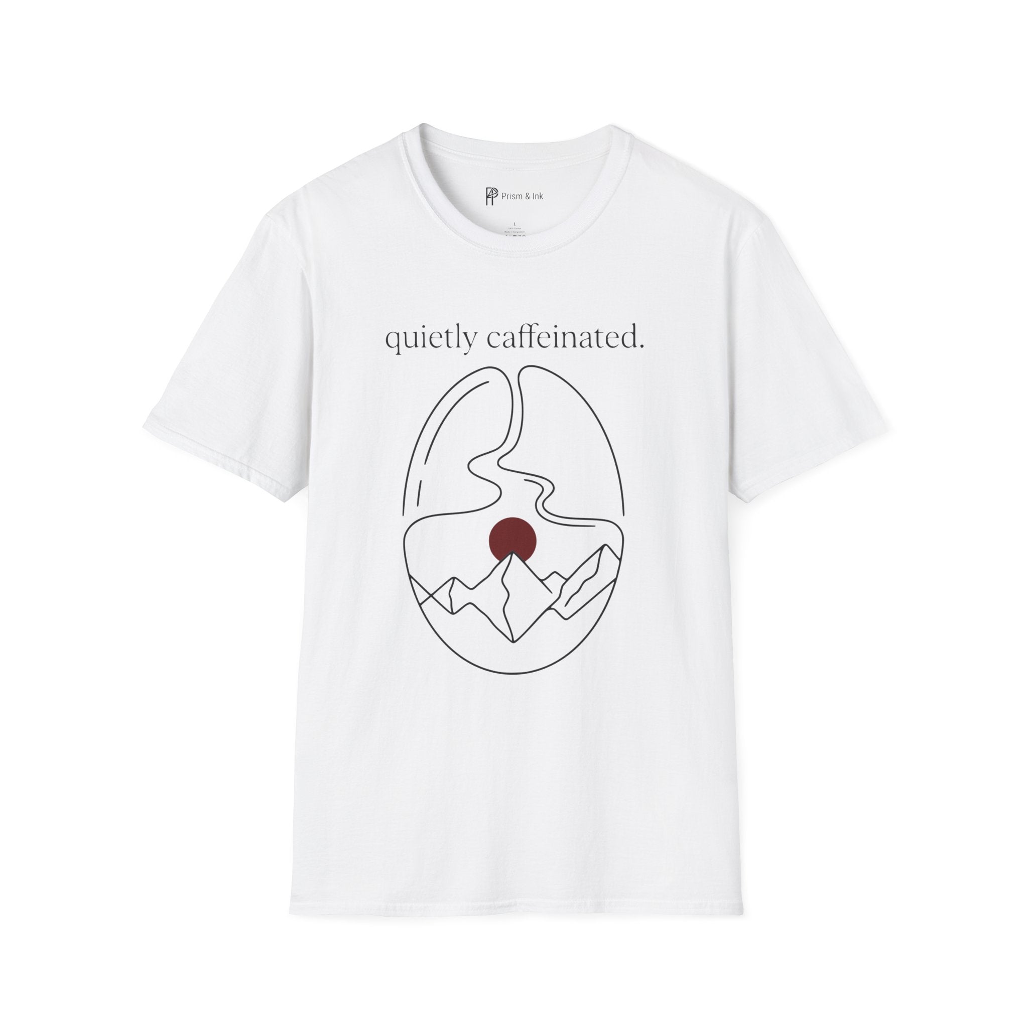 Quietly Caffeinated T-Shirt — Coffee Bean and Mountain Peak Graph