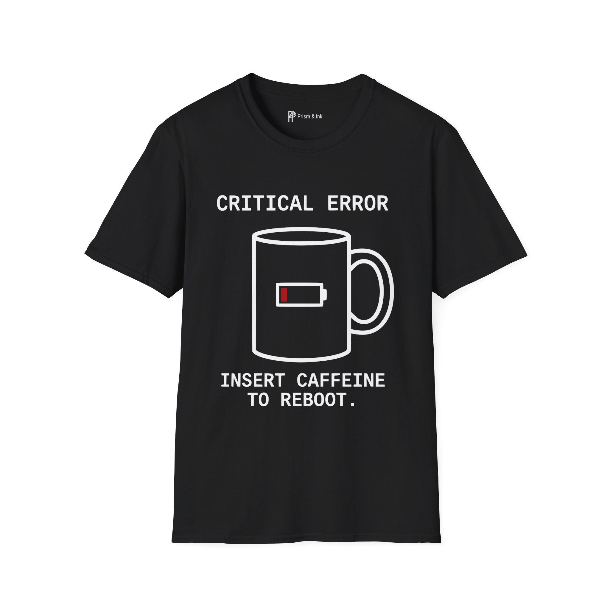 Critical Error Reboot T-Shirt — Funny Programmer Coffee & Low Battery Graphic