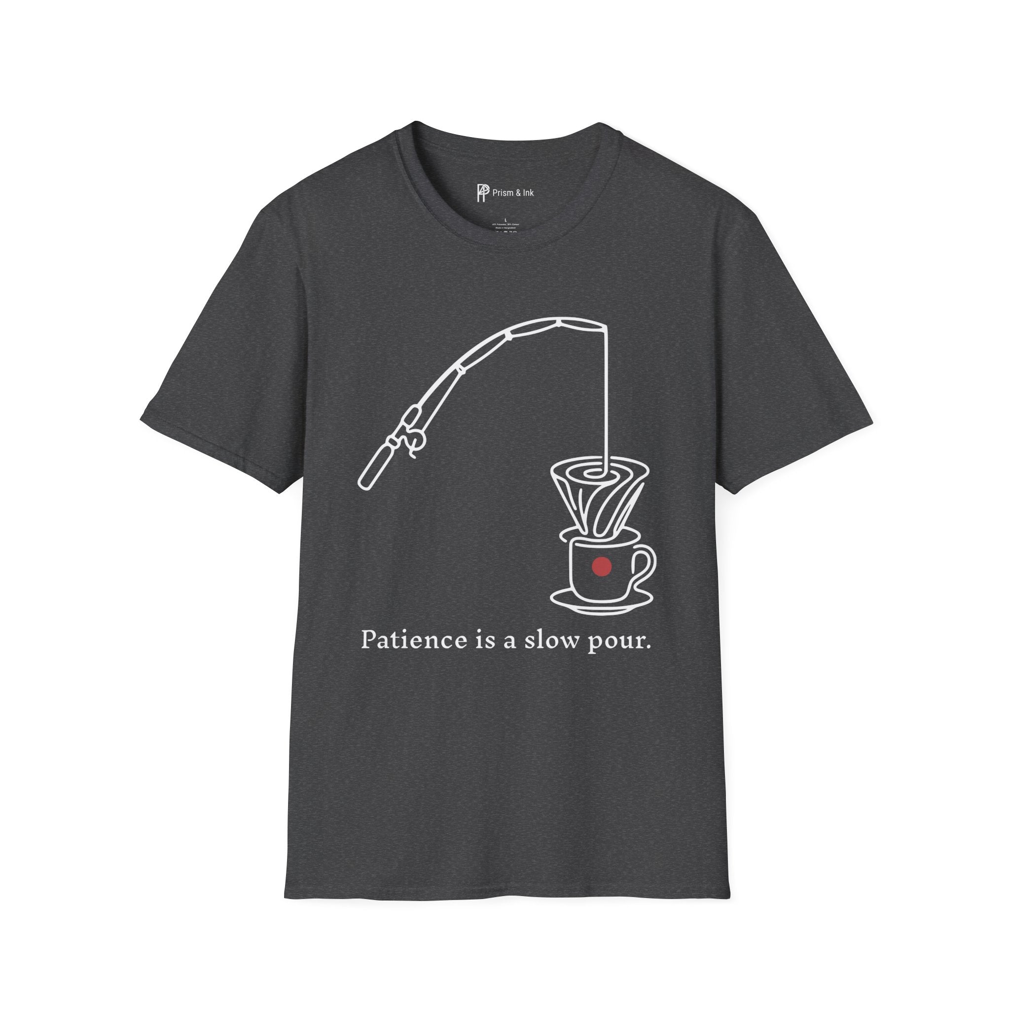 Slow Pour Patience T-Shirt — Fishing Rod & Coffee Dripper Graphic