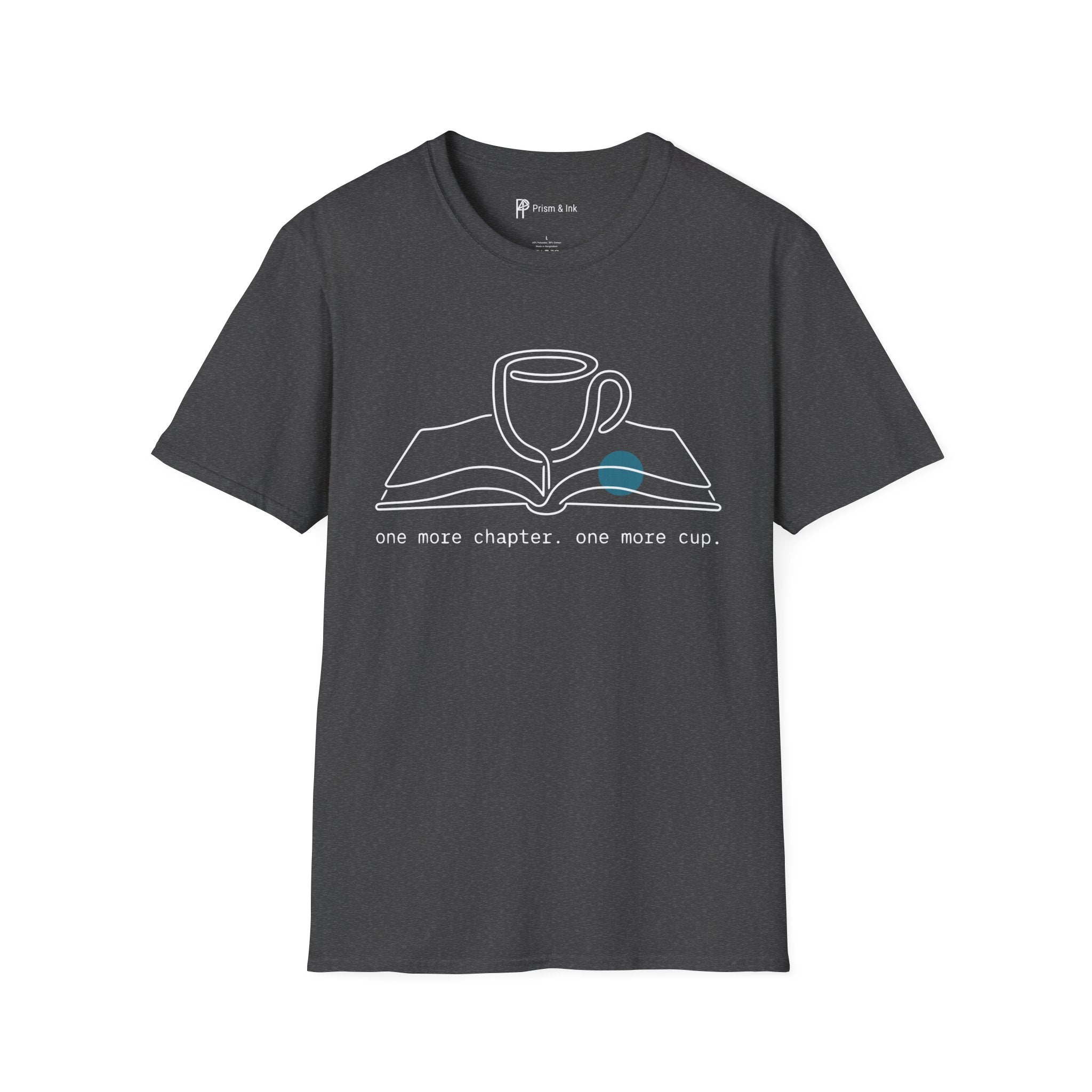 One More Chapter T-Shirt — Minimalist Book & Coffee Ritual Art