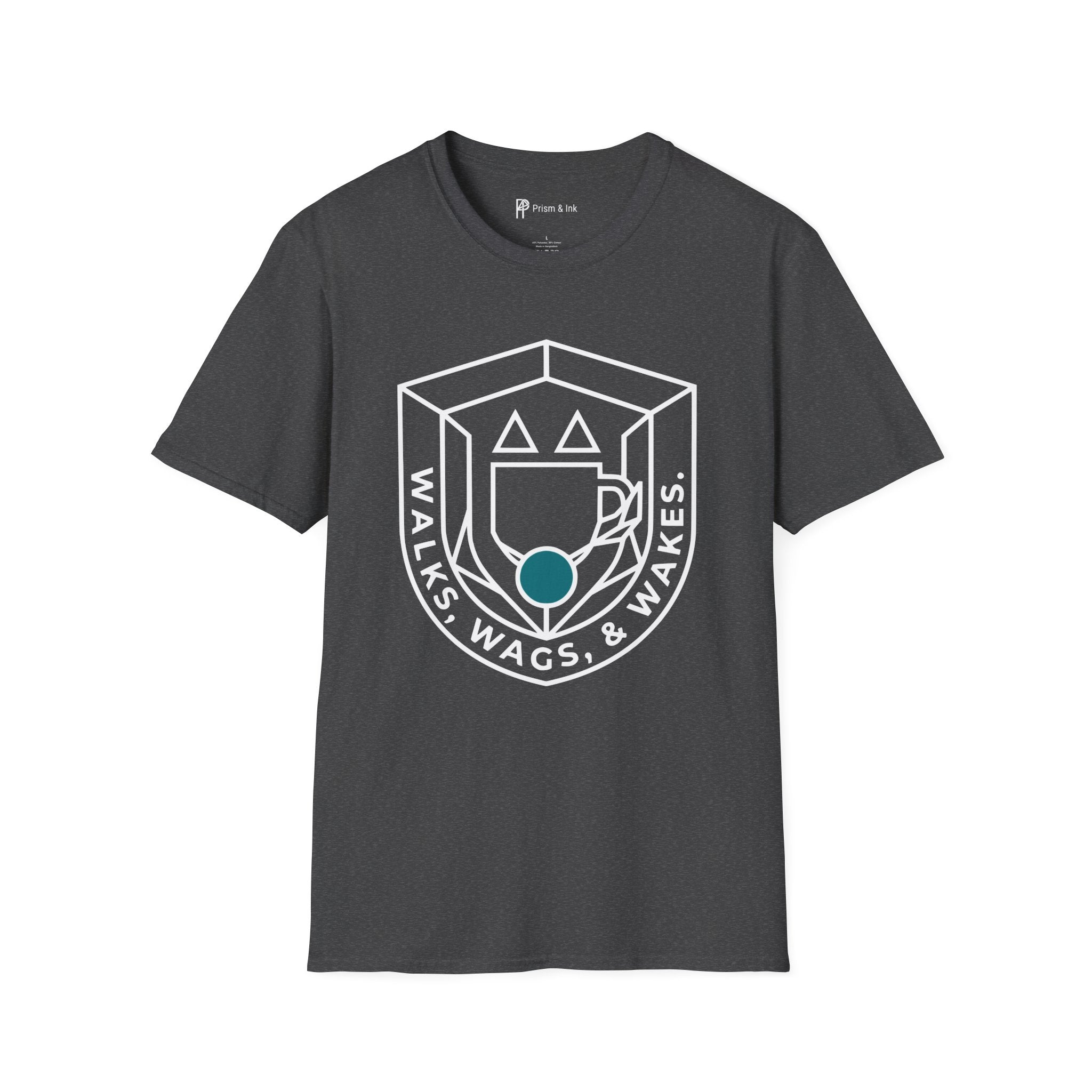 Walks, Wags & Wakes T-Shirt — Geometric Dog and Coffee Crest Graph
