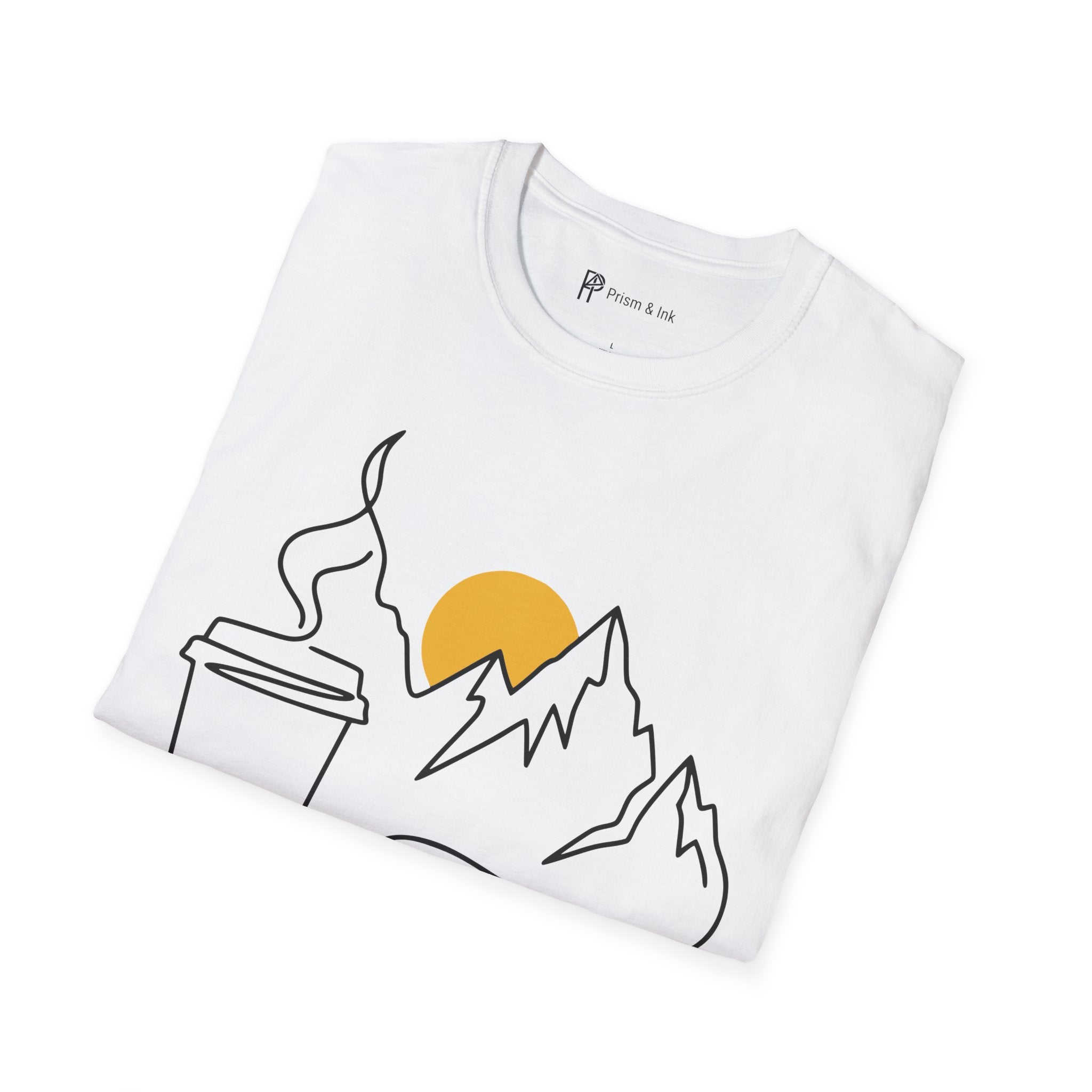 Early Climbs & Caffeine T-Shirt — Minimal Mountain and Mug Line Art