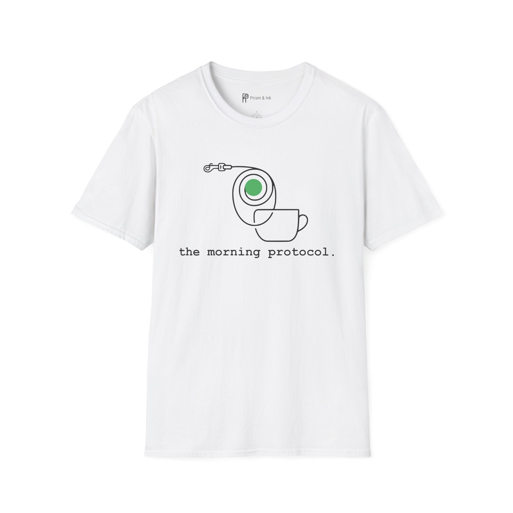 Morning Protocol T-Shirt — Minimalist Dog Leash & Coffee Cup Graphic