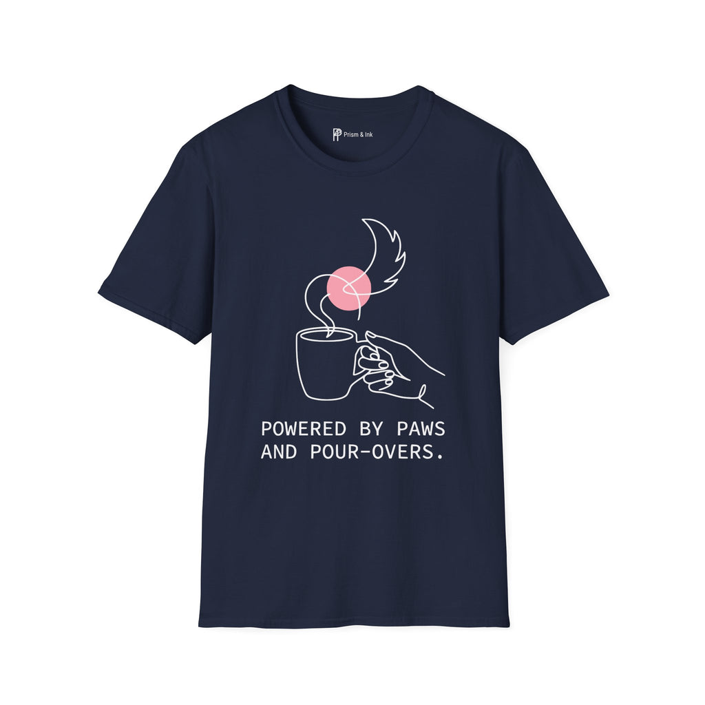 Powered by Paws T-Shirt — Minimalist Pet Lover & Coffee Pour-Over Graphic
