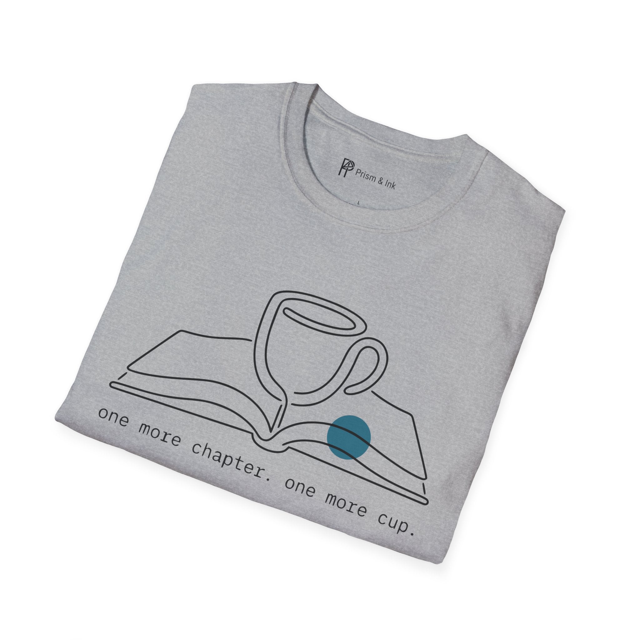 One More Chapter T-Shirt — Minimalist Book & Coffee Ritual Art