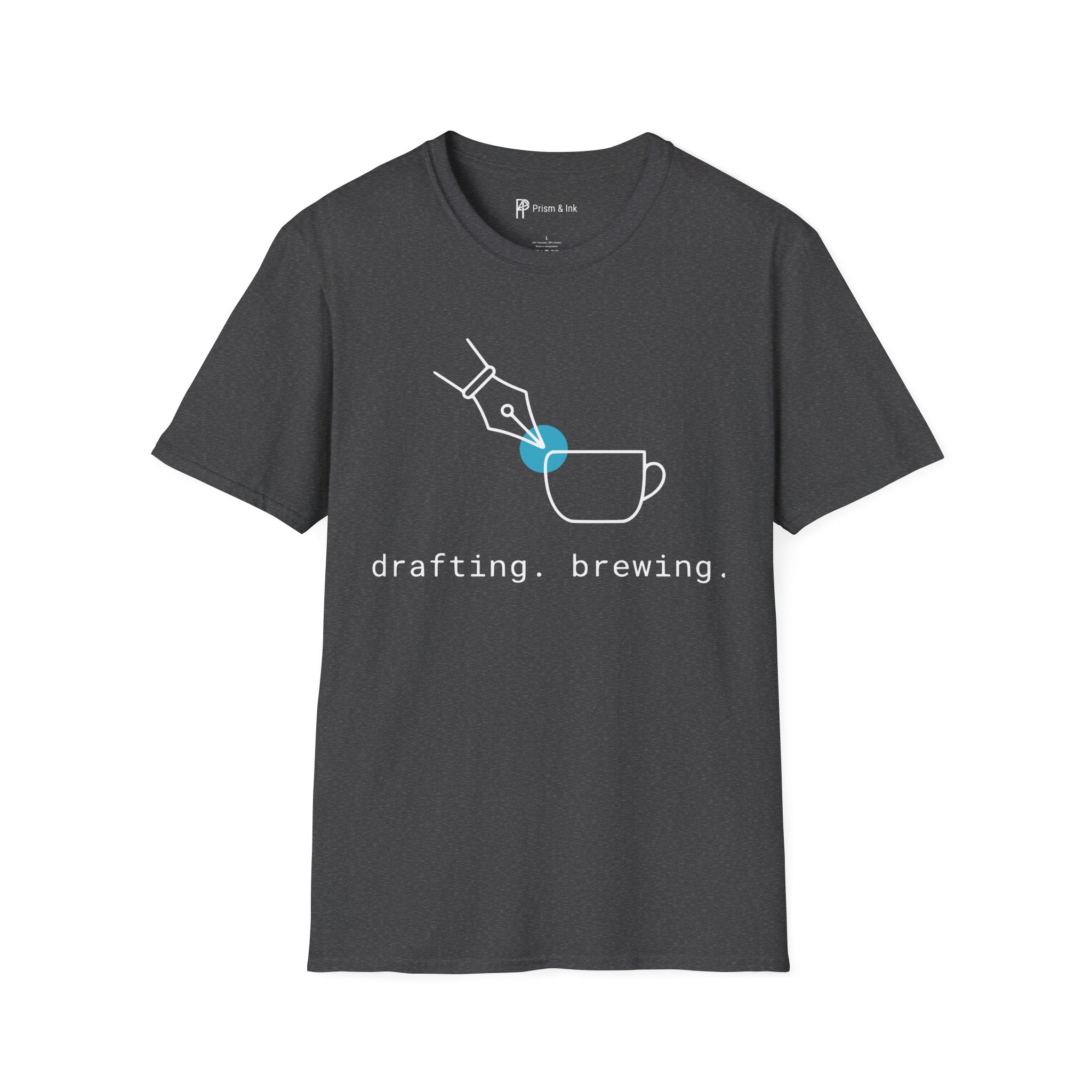 Drafting & Brewing T-Shirt — Minimalist Pen Nib & Coffee Line Art