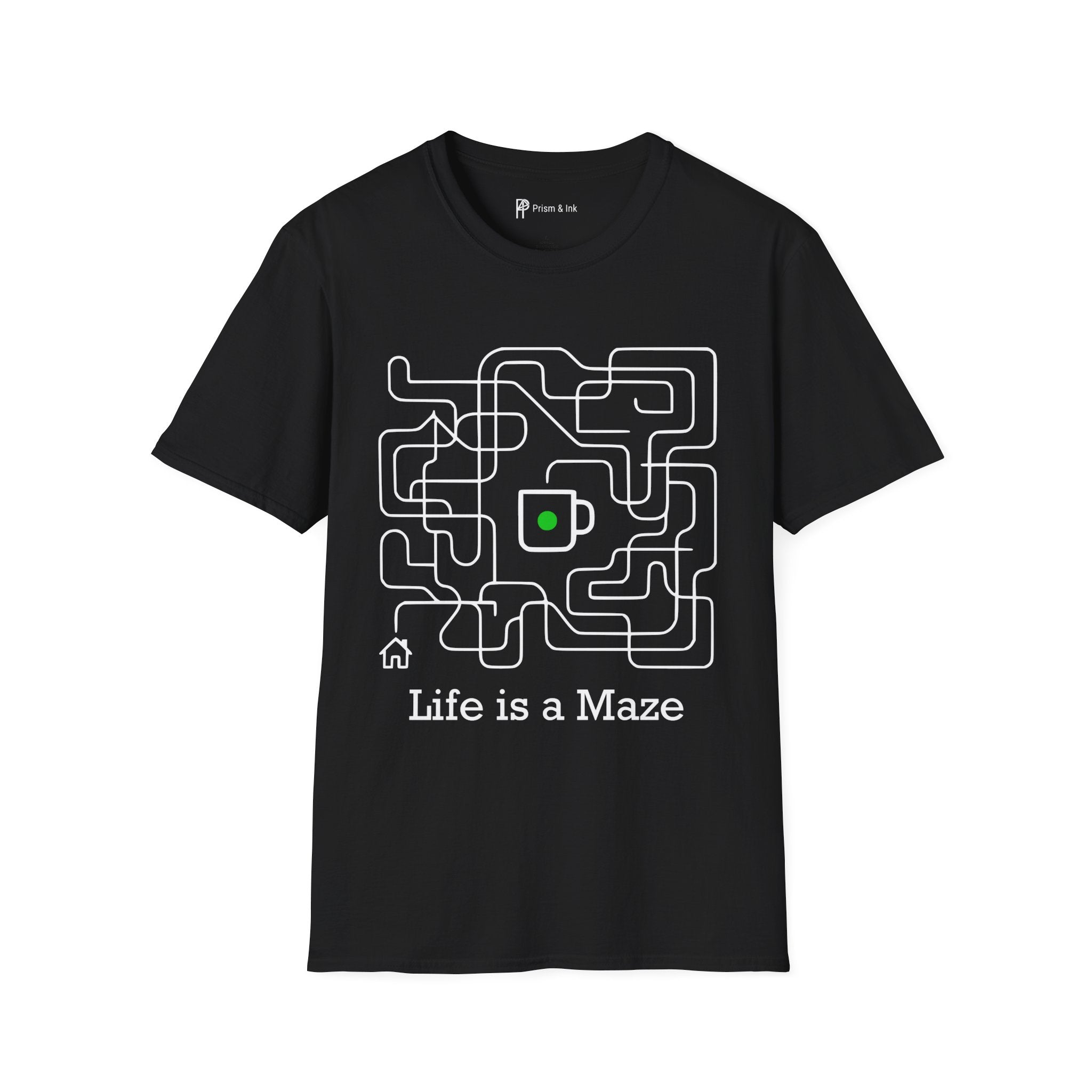 Life is a Maze Coffee T-Shirt — Minimalist Path to Home & Caffeine Art