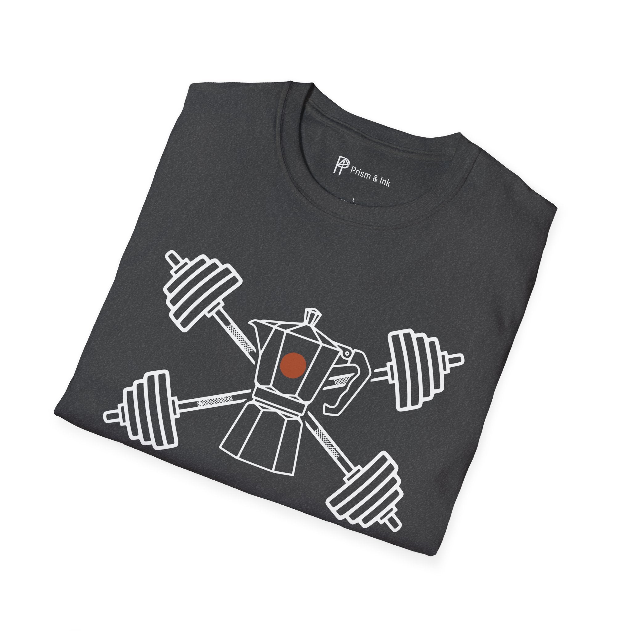 Heavy Lifts Dark Roasts T-Shirt — Minimalist Moka Pot & Gym Barbell Art