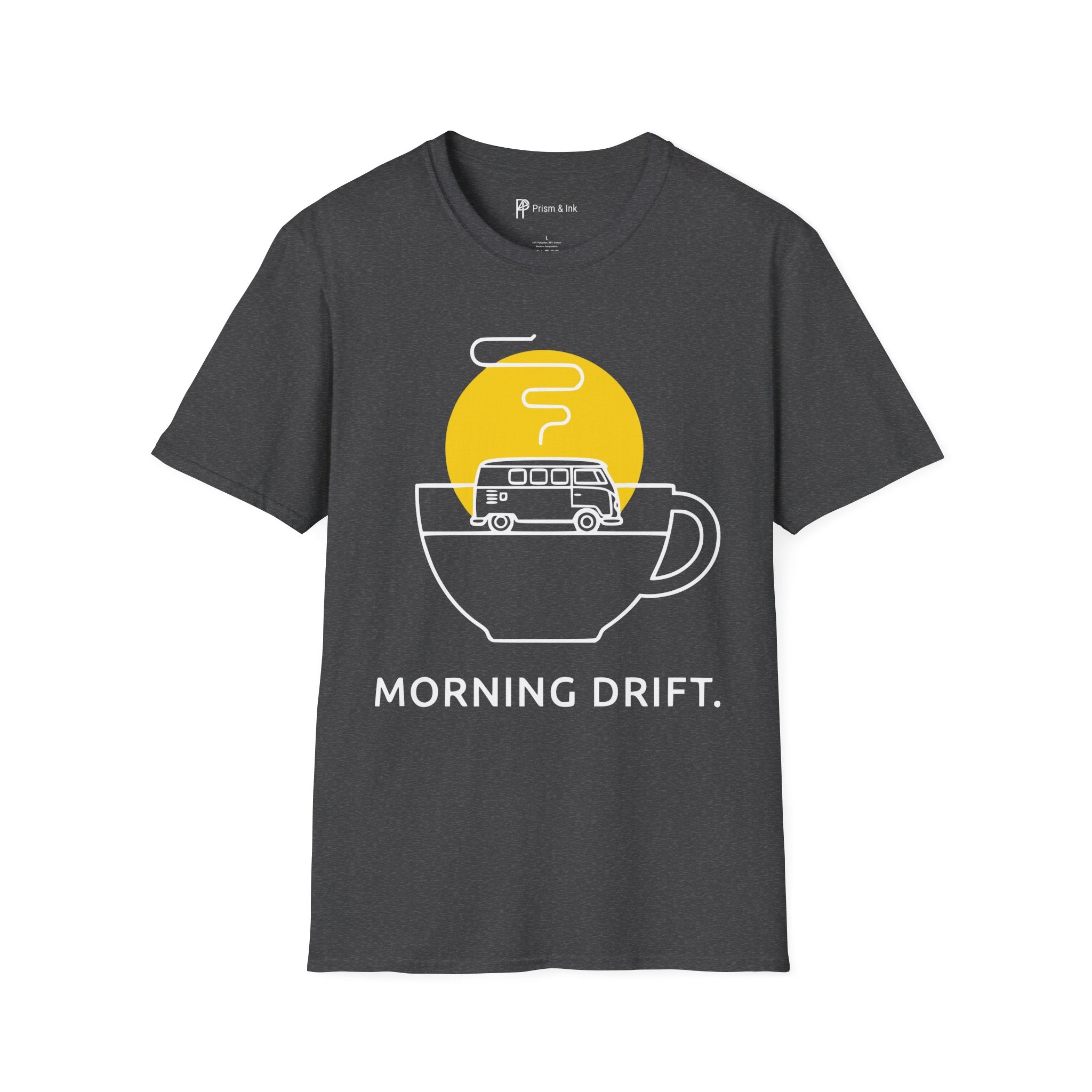 Morning Drift T-Shirt — Retro Camper Van and Coffee Cup