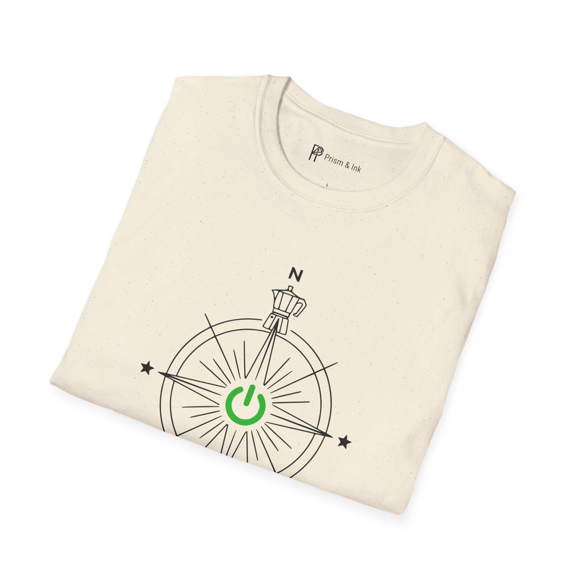 Exploration & Fusion T-Shirt — Minimalist Coffee Compass & Moka Pot Art