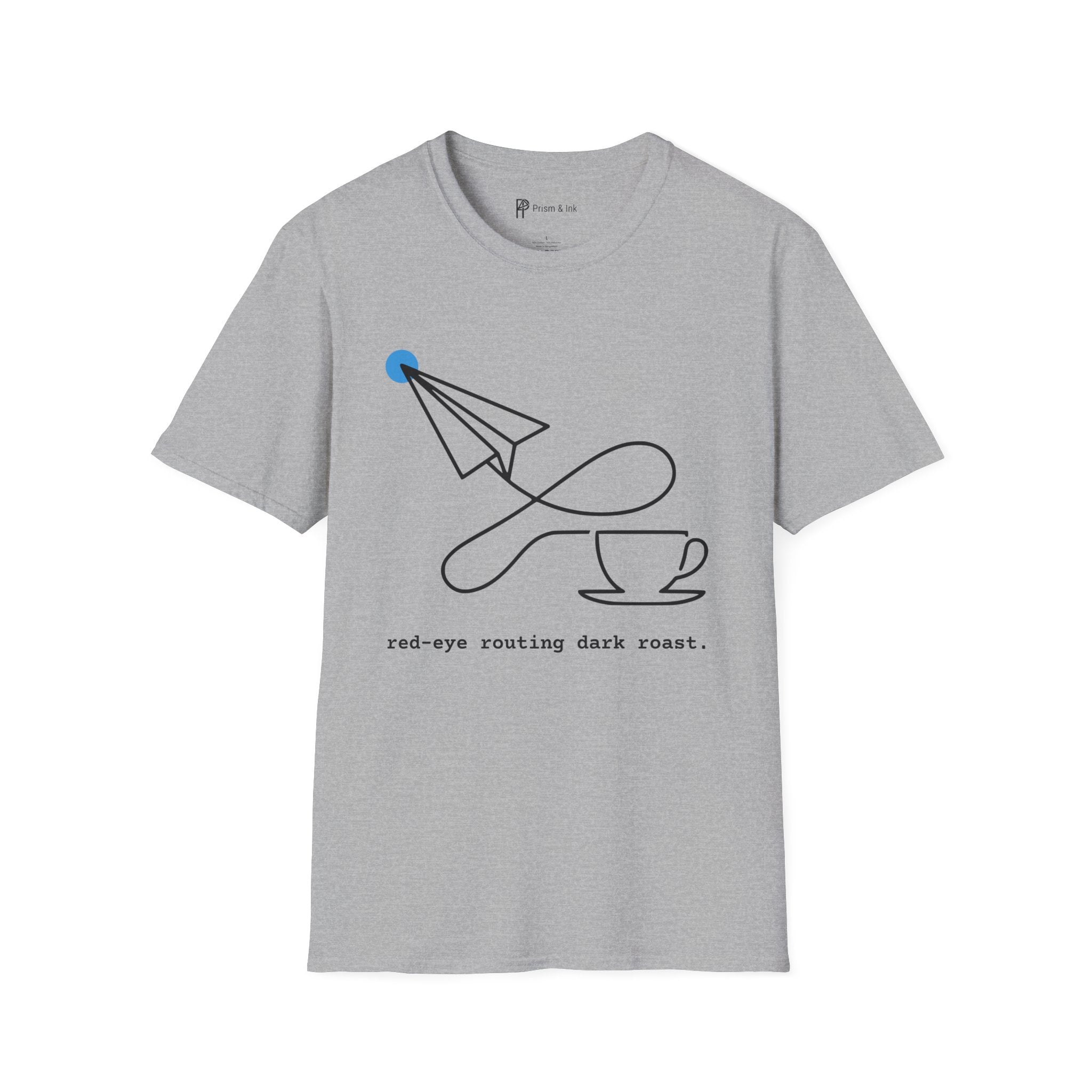 Red-Eye Routing Dark Roast T-Shirt — Minimalist Paper Plane & Coffee Flight Art