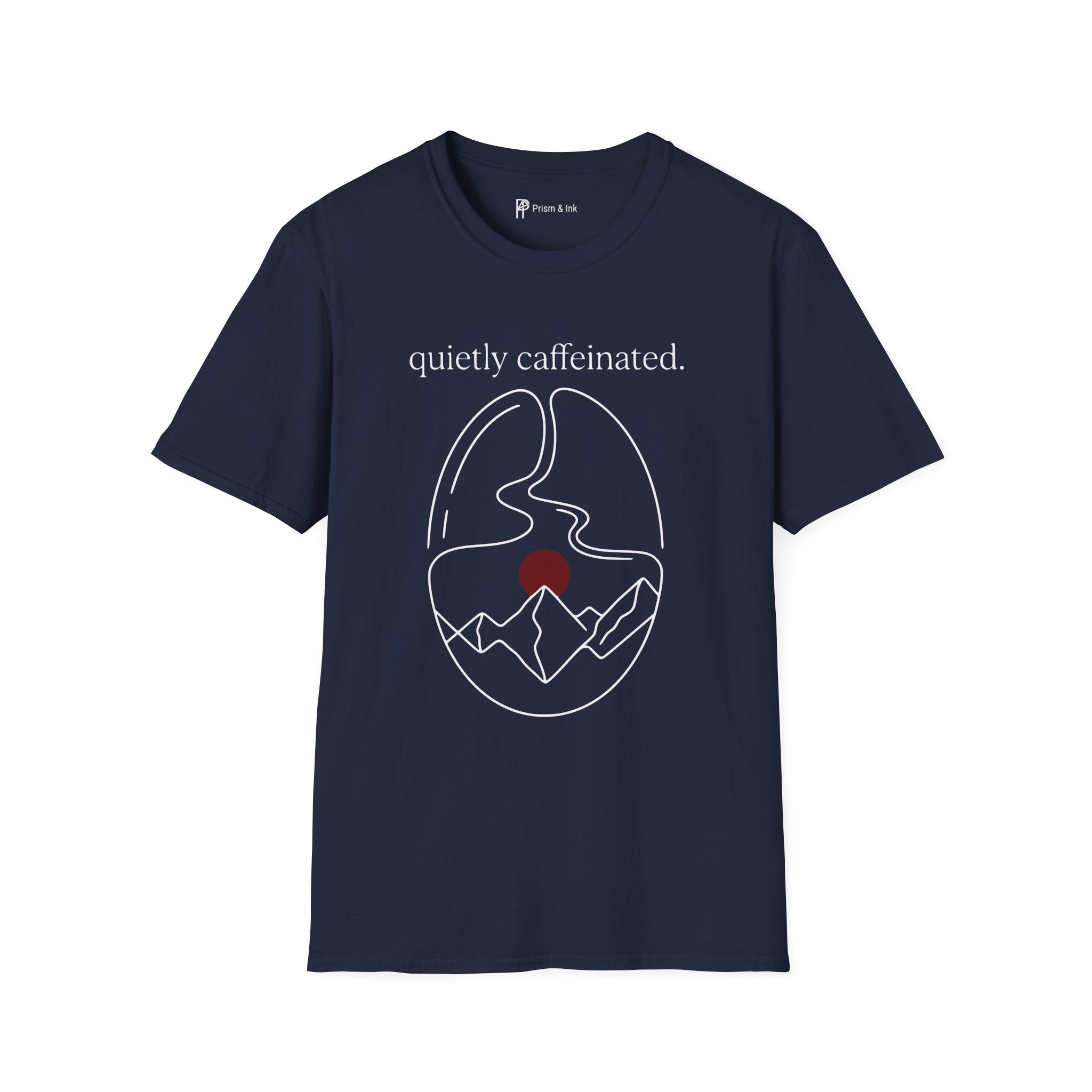 Quietly Caffeinated T-Shirt — Coffee Bean and Mountain Peak Graph
