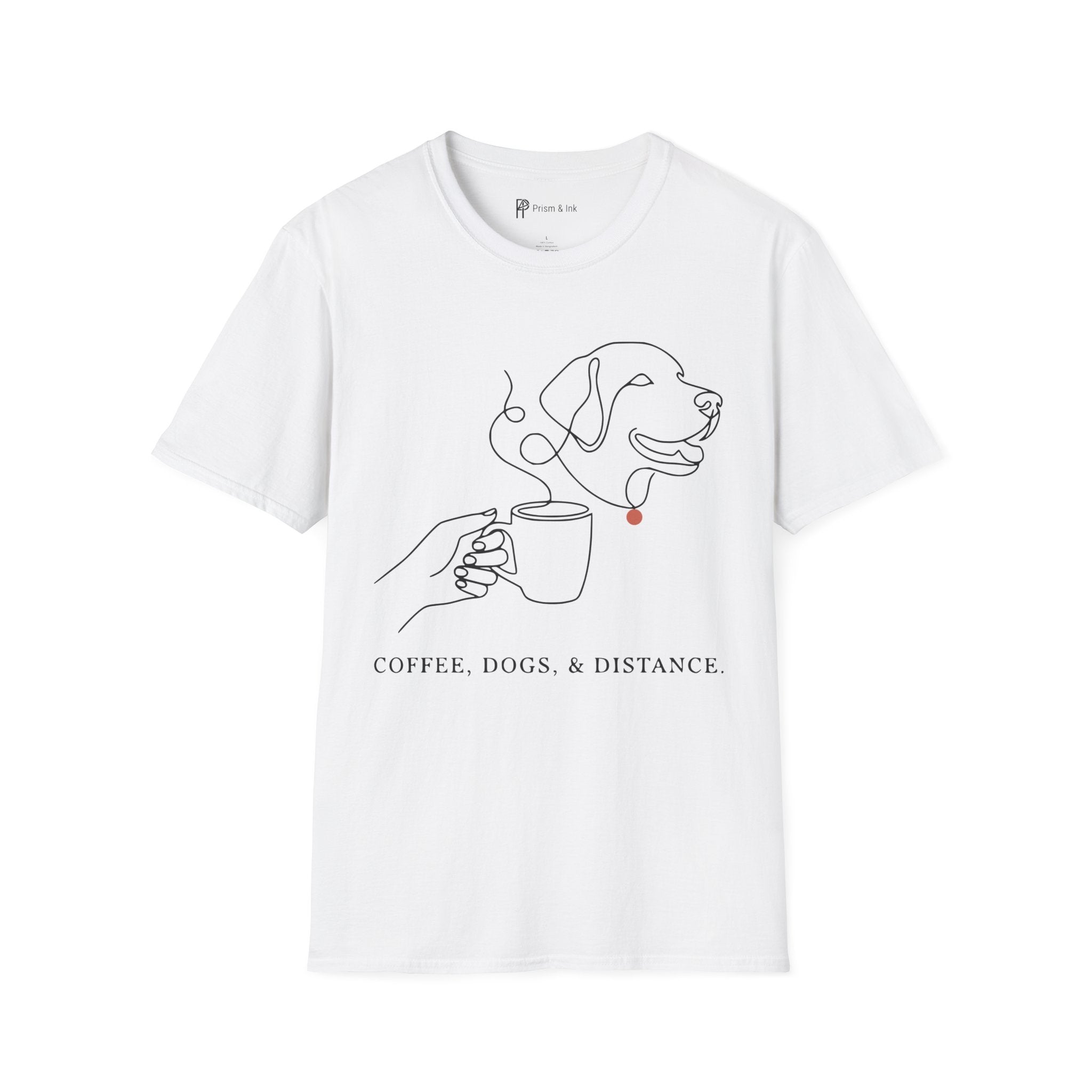 Coffee & Dogs T-Shirt — One Line Art Labrador and Steaming Cup