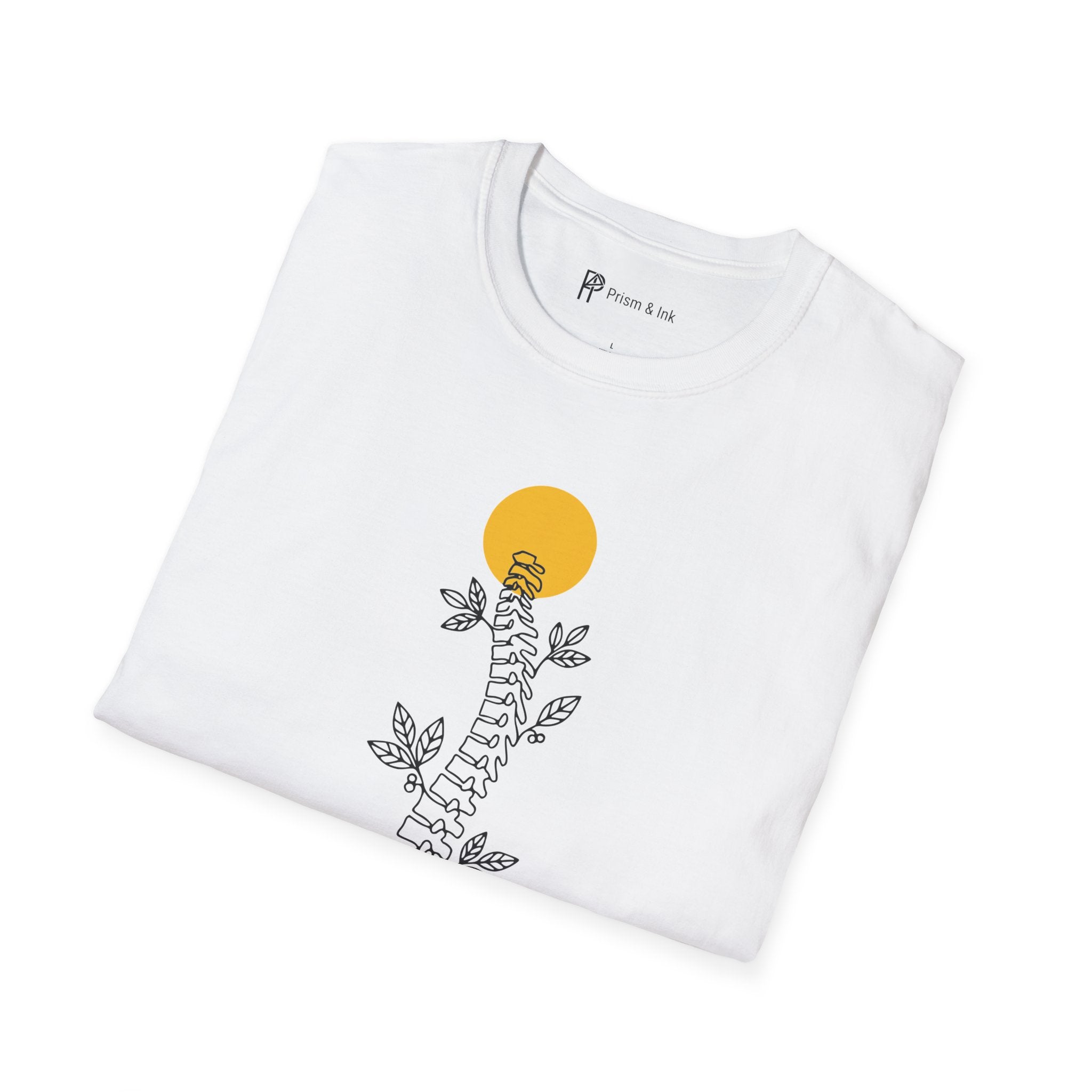 Rooted in Caffeine T-Shirt — Spinal Coffee Branch and Sun Graph