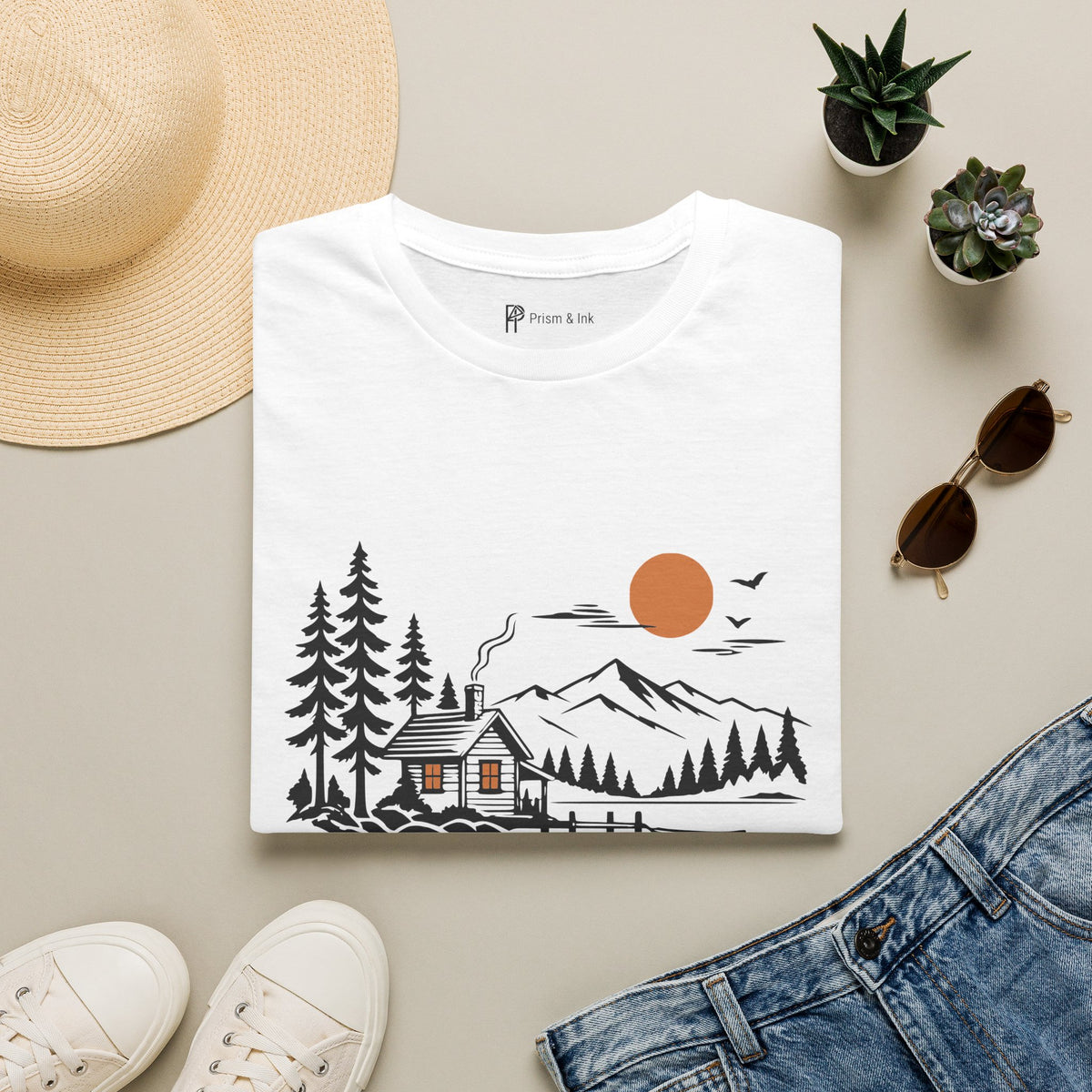 Quiet Cabin Lake Sunset Mountain T-Shirt