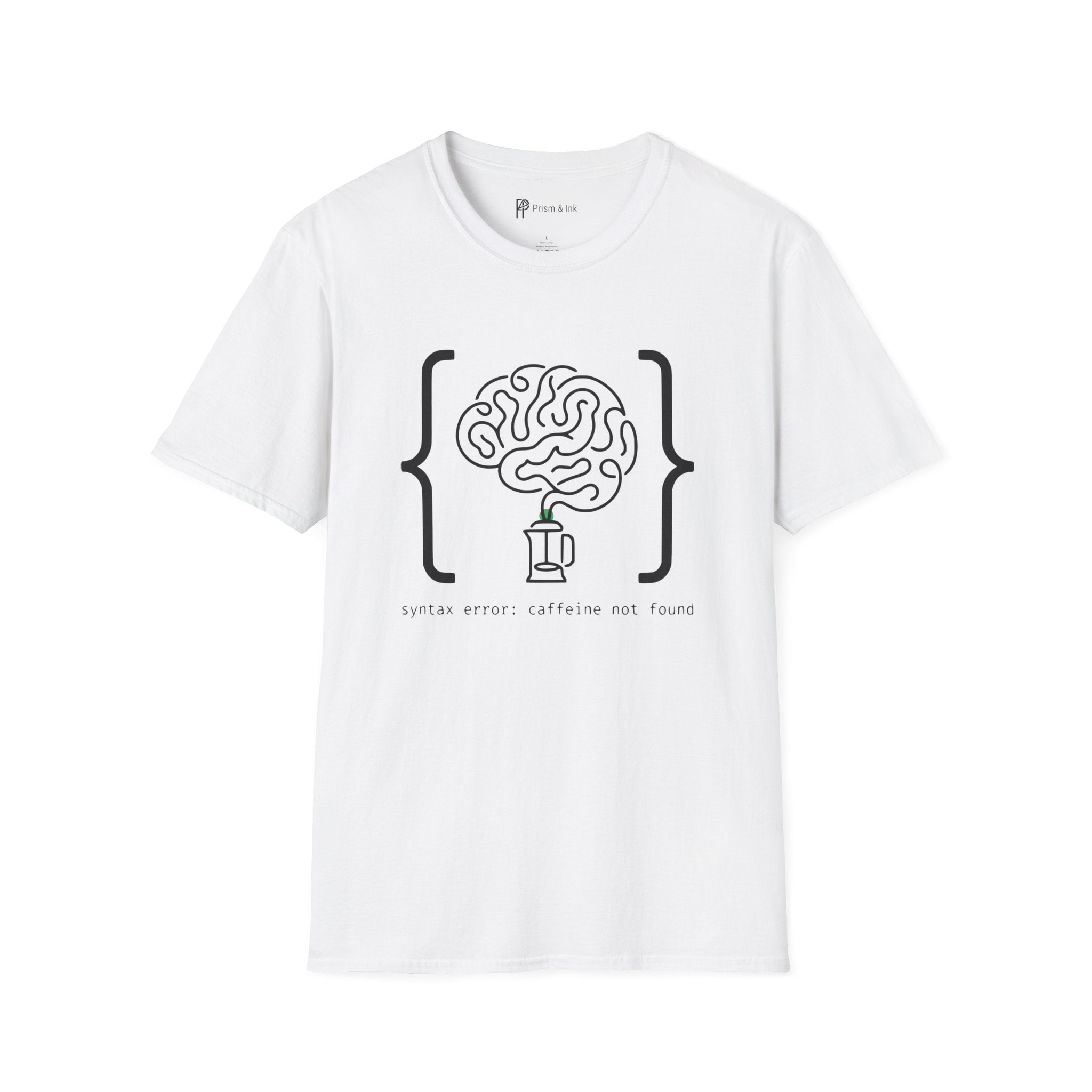 Syntax Error Caffeine Not Found T-Shirt — Minimalist Developer Brain & Coffee Art