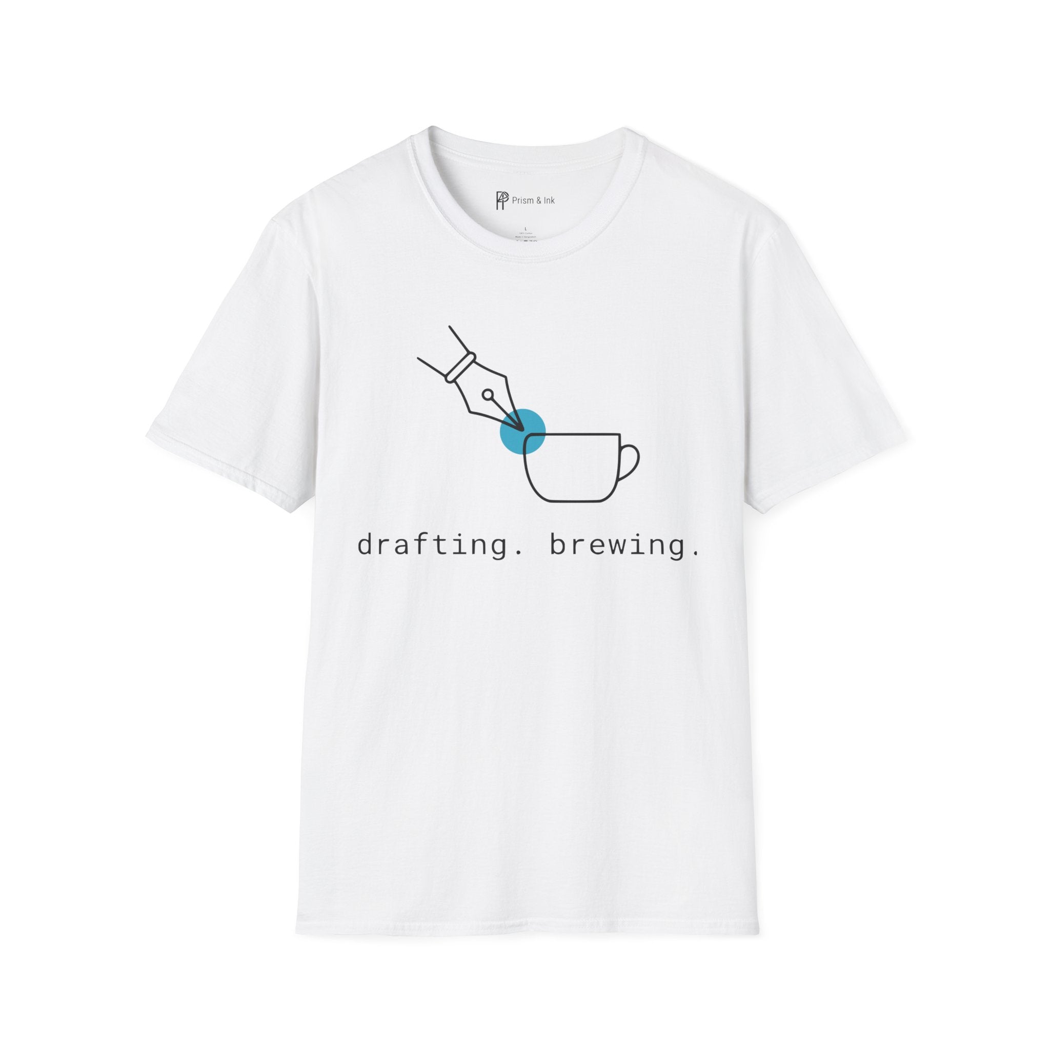Drafting & Brewing T-Shirt — Minimalist Pen Nib & Coffee Line Art