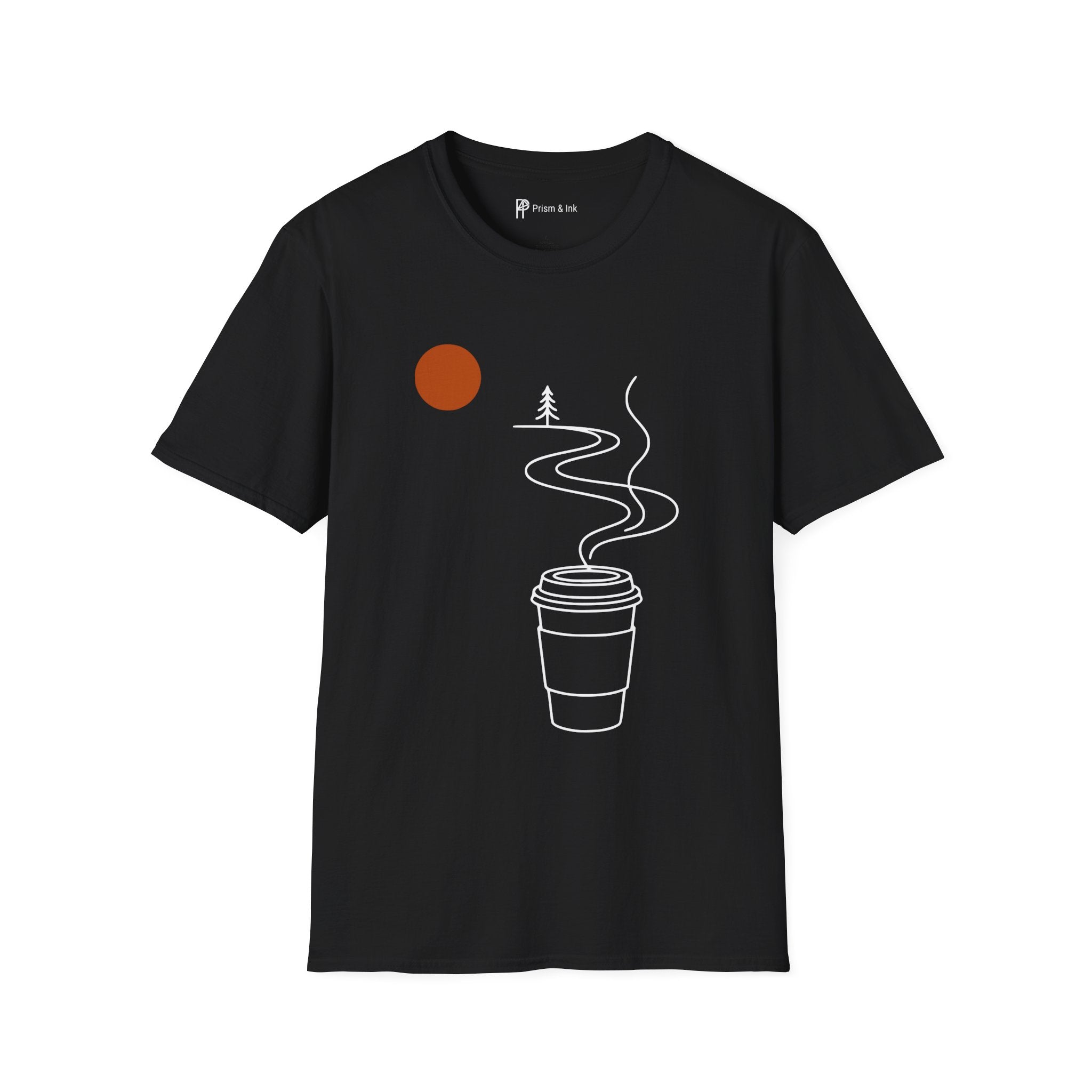 Escape in a Cup T-Shirt — Takeaway Coffee Steam and Mountain Path