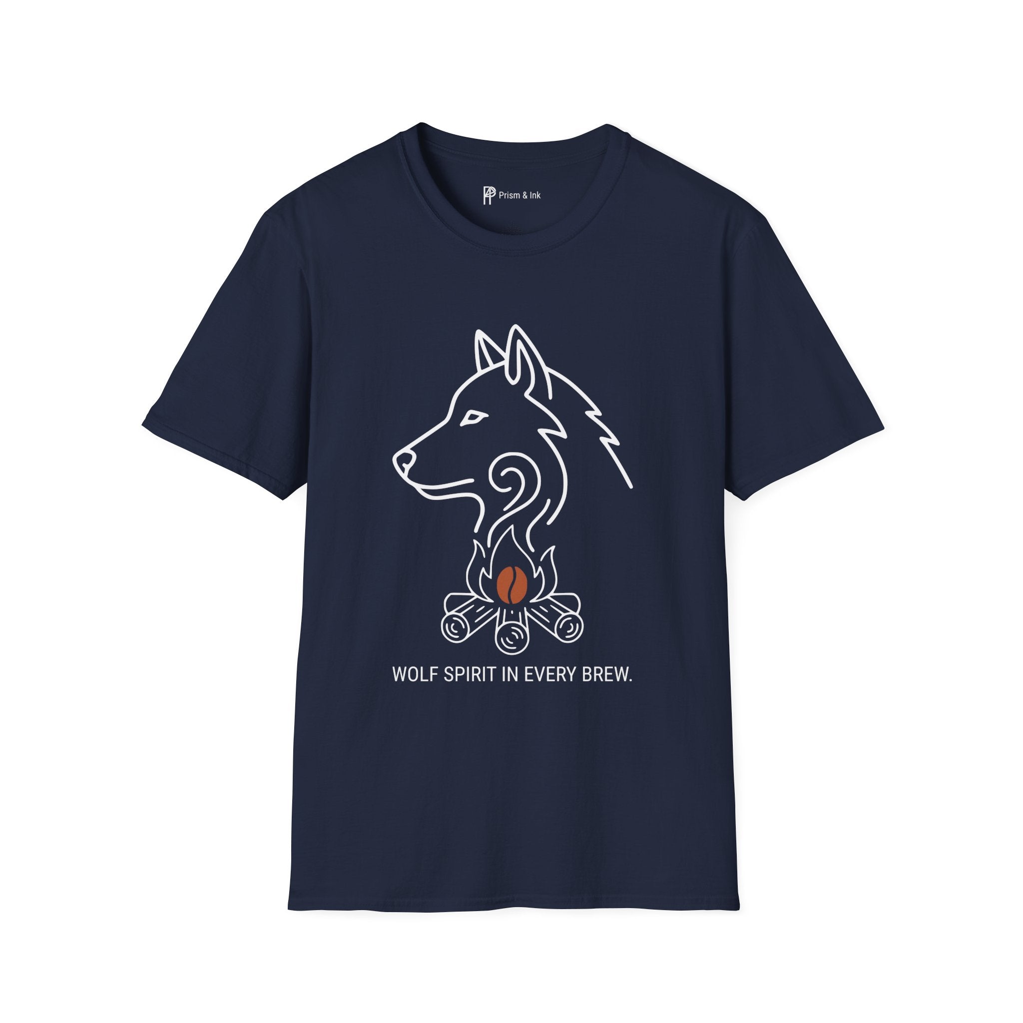 Wolf Spirit in Every Brew T-Shirt — Minimalist Campfire & Wild Coffee Silhouette
