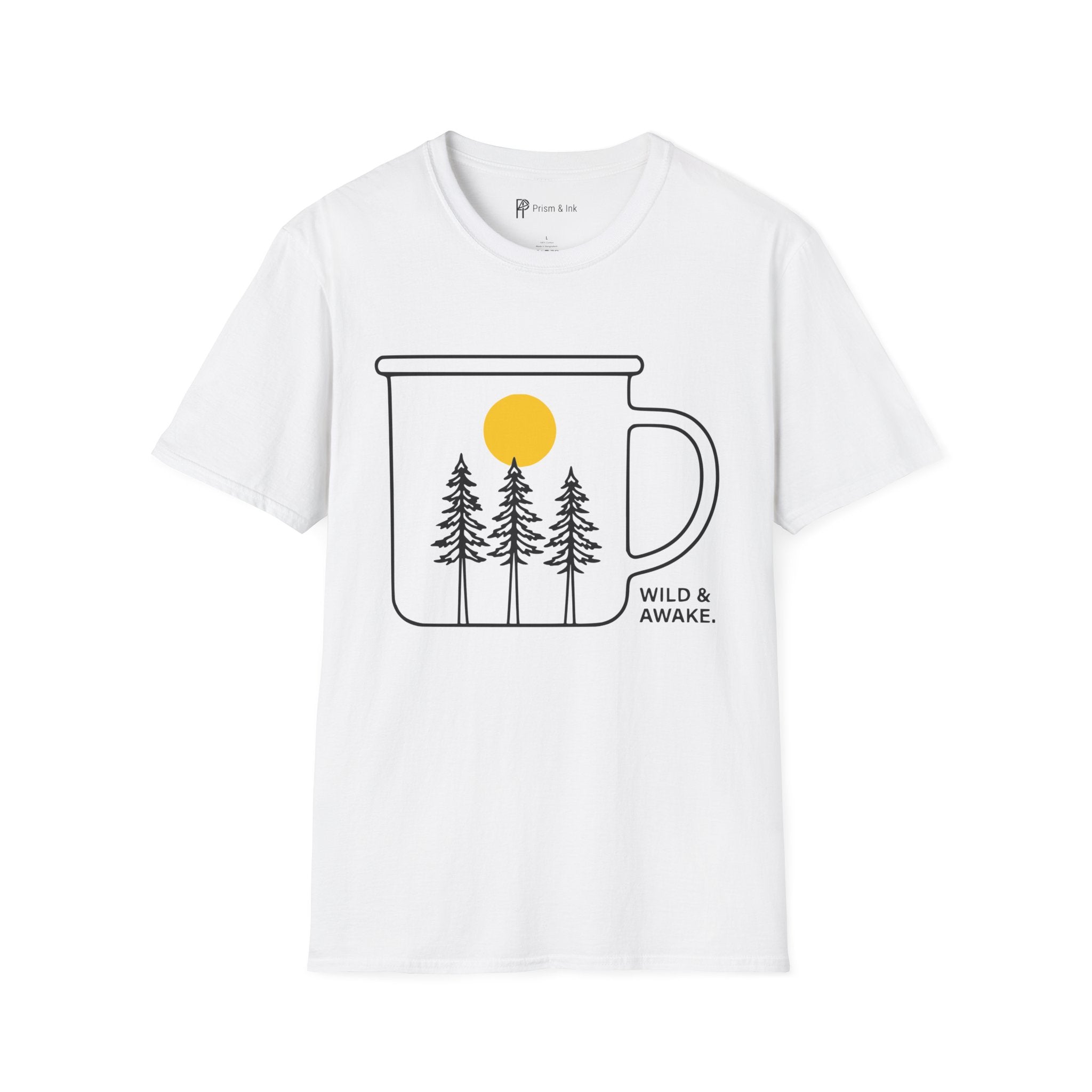 Wild & Awake T-Shirt — Outdoor Enamel Mug and Pine Forest