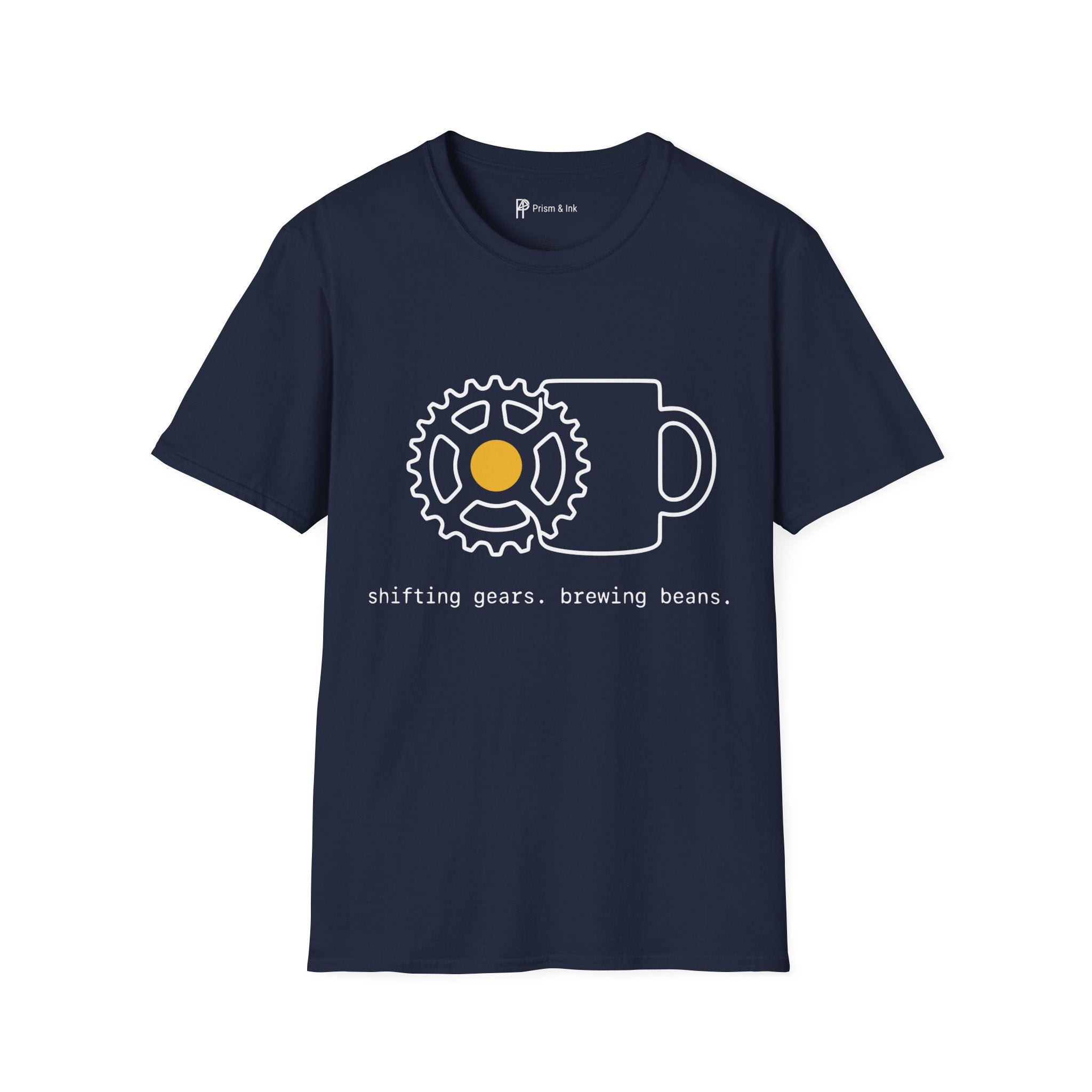 Shifting Gears T-Shirt — Minimalist Cycling Cog & Coffee Line Art