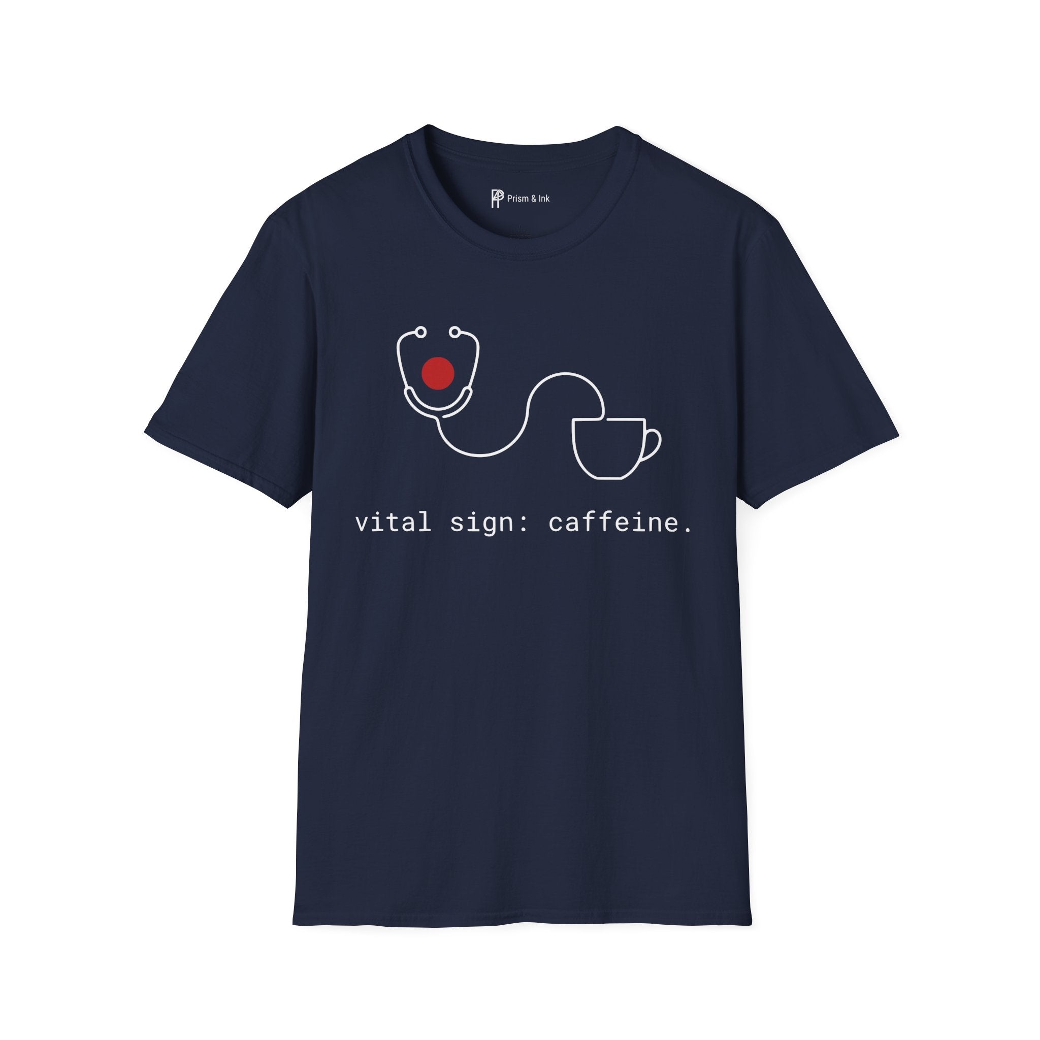 Vital Sign: Caffeine T-Shirt — Minimalist Stethoscope & Coffee Art