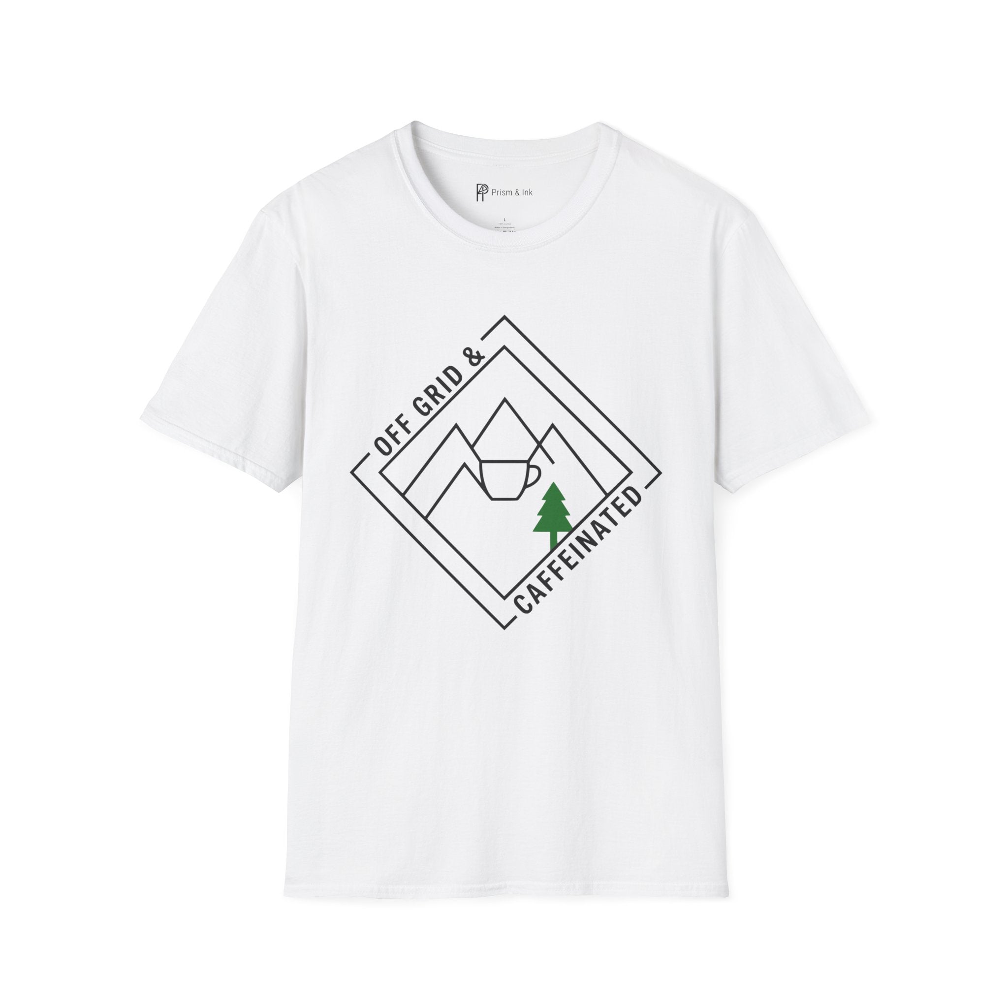 Off Grid & Caffeinated T-Shirt — Minimalist Mountain Badge & Camping Coffee Graphic