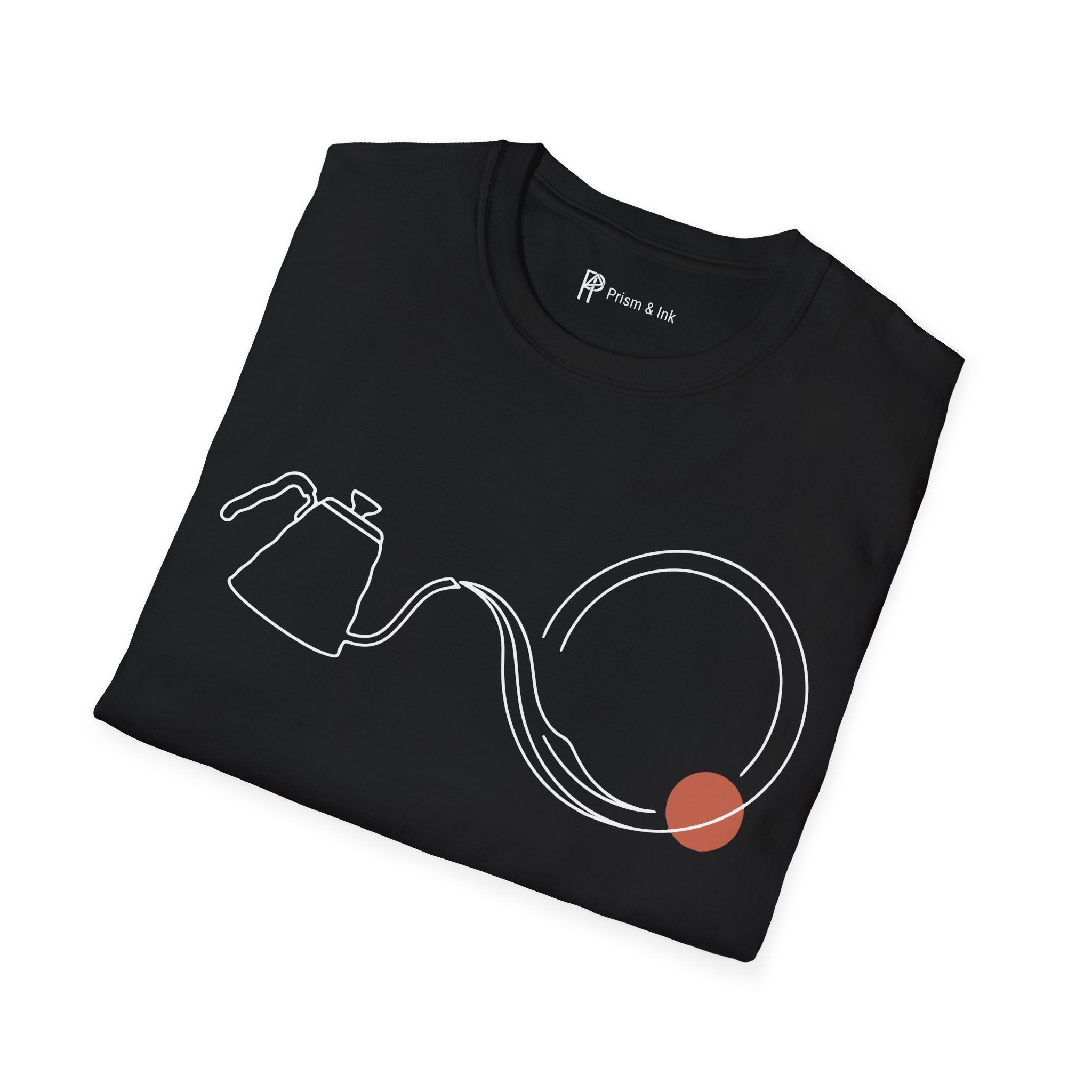 Fluid Brew T-Shirt — Minimalist Gooseneck Kettle and Flowing Circle