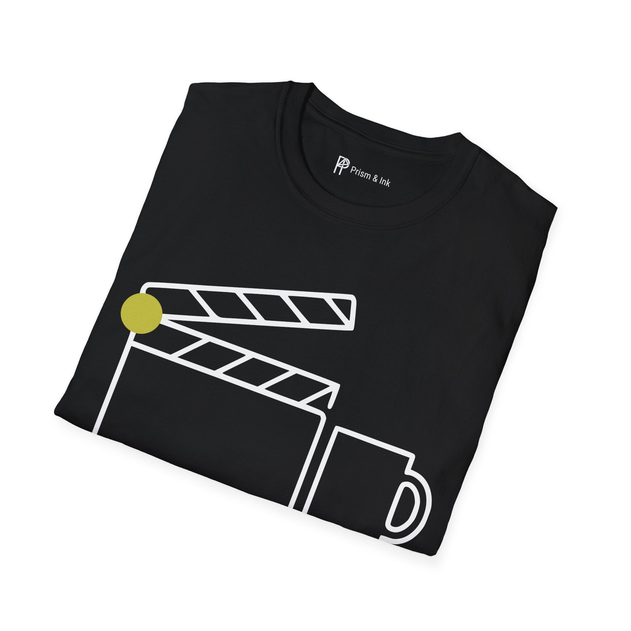 Final Cut First Cup T-Shirt — Minimalist Movie Clapper & Coffee Art