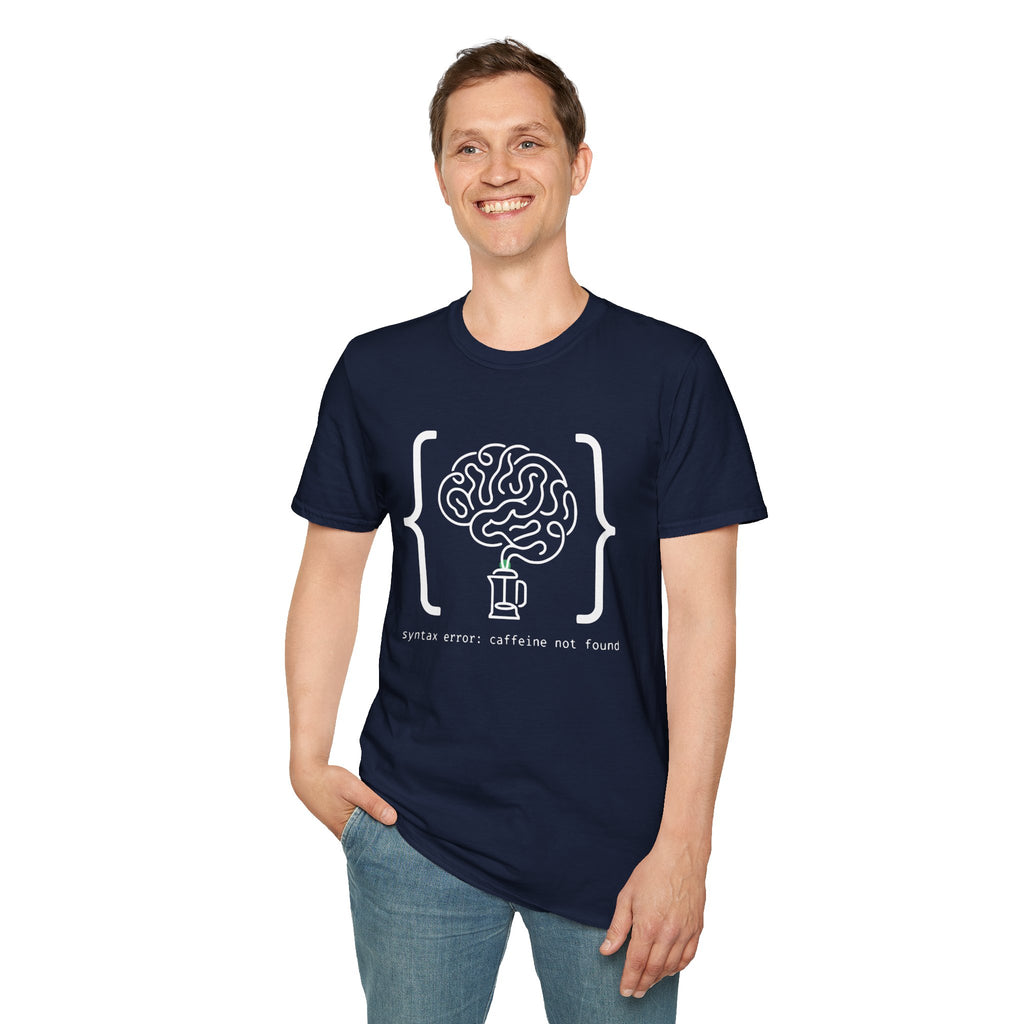Syntax Error Caffeine Not Found T-Shirt — Minimalist Developer Brain & Coffee Art