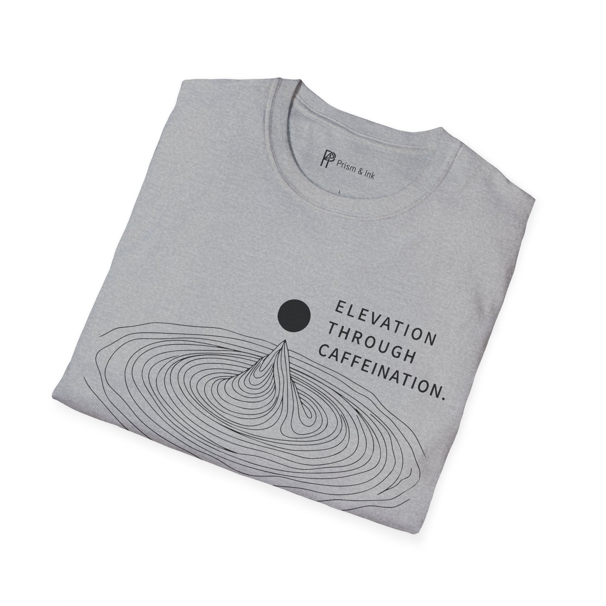 Elevation Through Caffeination T-Shirt — Topographic Peak and Caffeination Graph