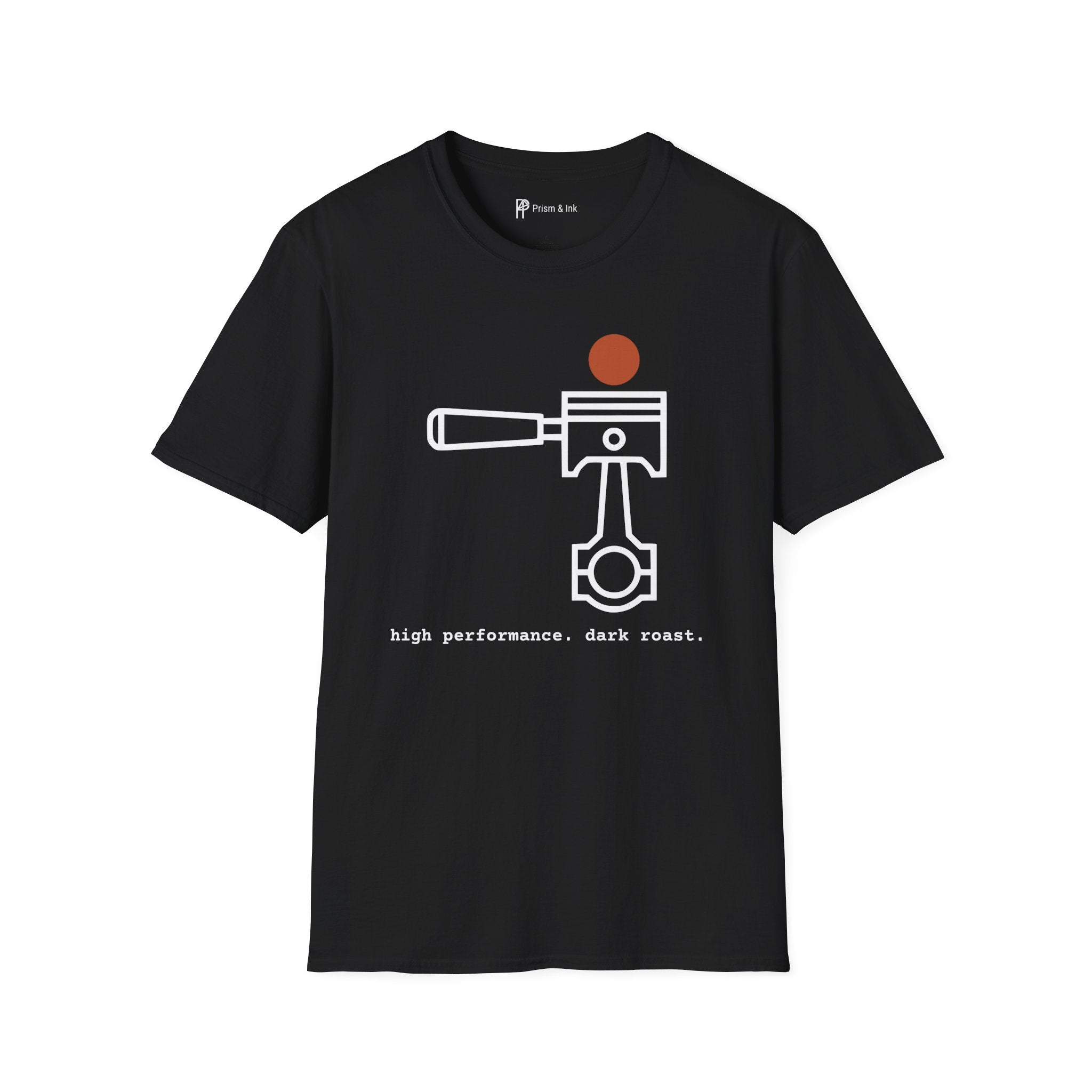 High Performance Dark Roast T-Shirt — Minimalist Piston & Portafilter Mechanical Art