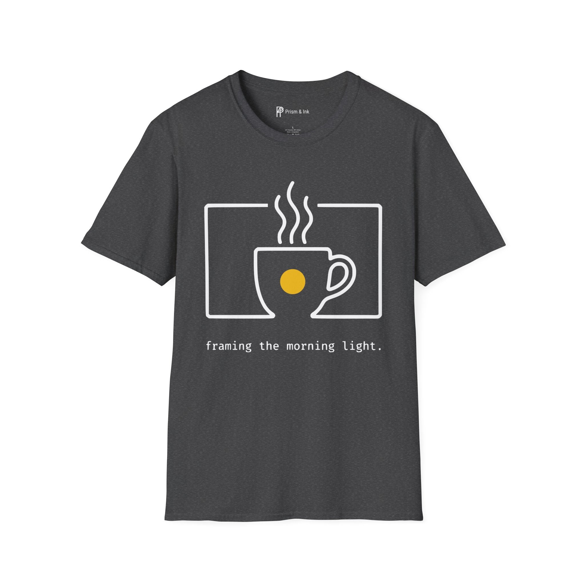 Framing the Morning Light T-Shirt — Minimalist Viewfinder & Coffee Cup Art