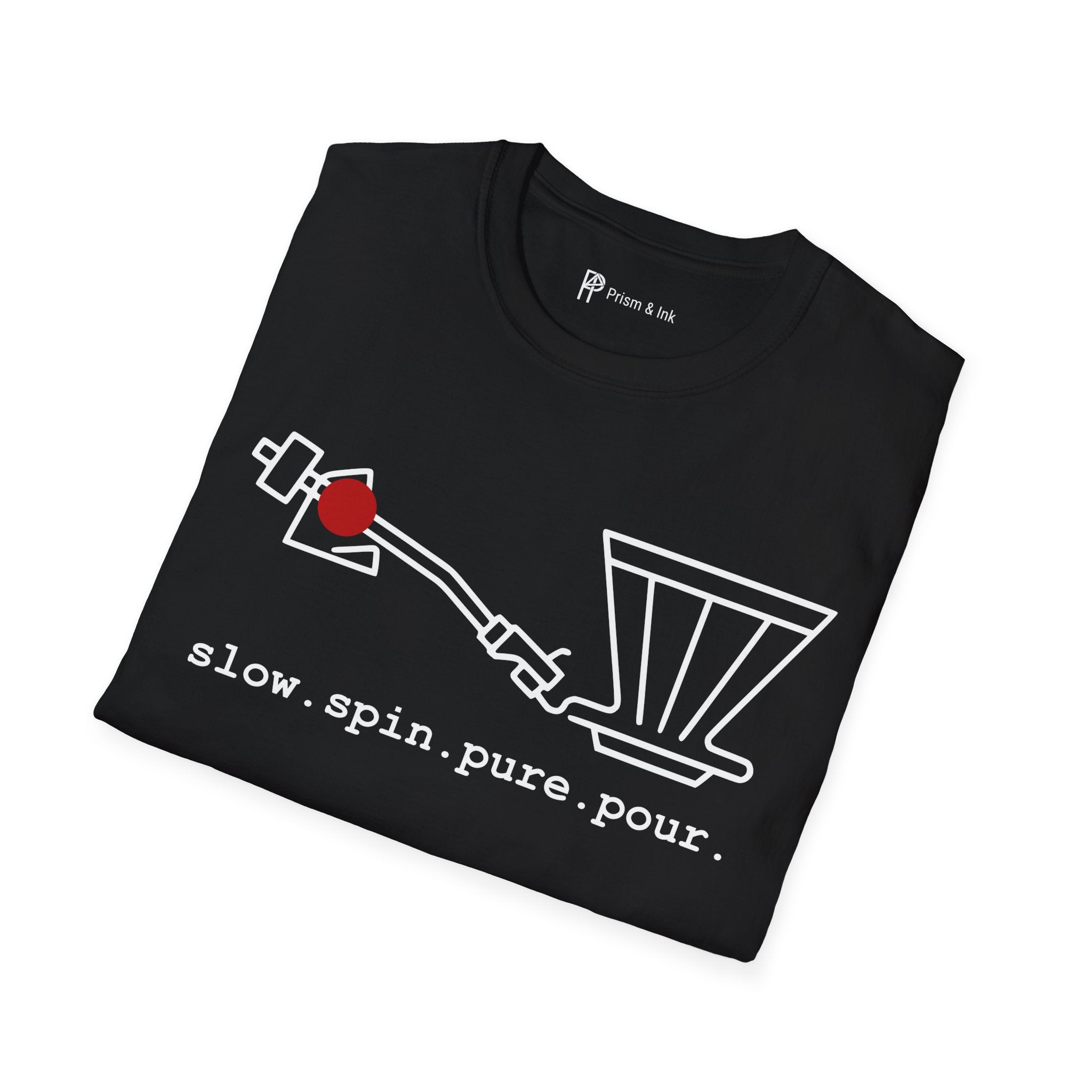 Slow Spin Pure Pour T-Shirt — Minimalist Vinyl Tonearm & Coffee Dripper Art