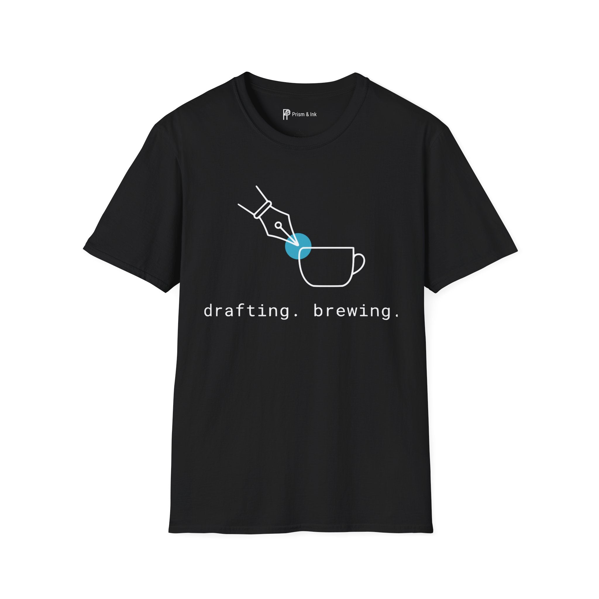 Drafting & Brewing T-Shirt — Minimalist Pen Nib & Coffee Line Art