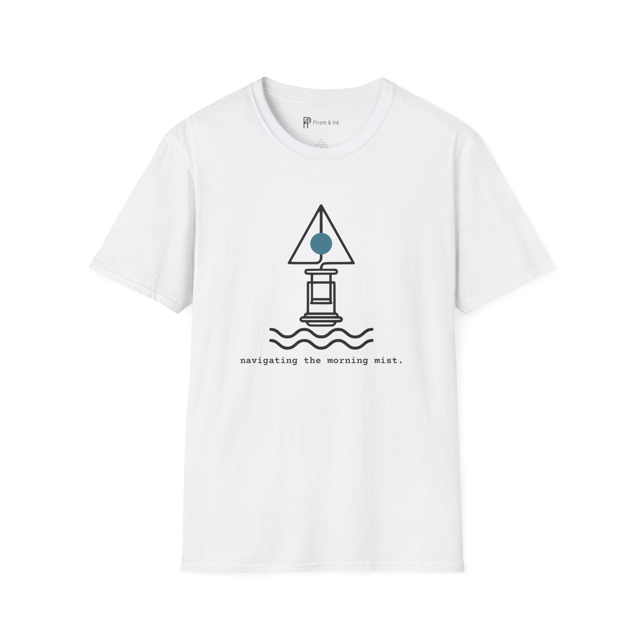 Navigating The Morning Mist T-Shirt — Minimalist Coffee Press & Maritime Buoy Art